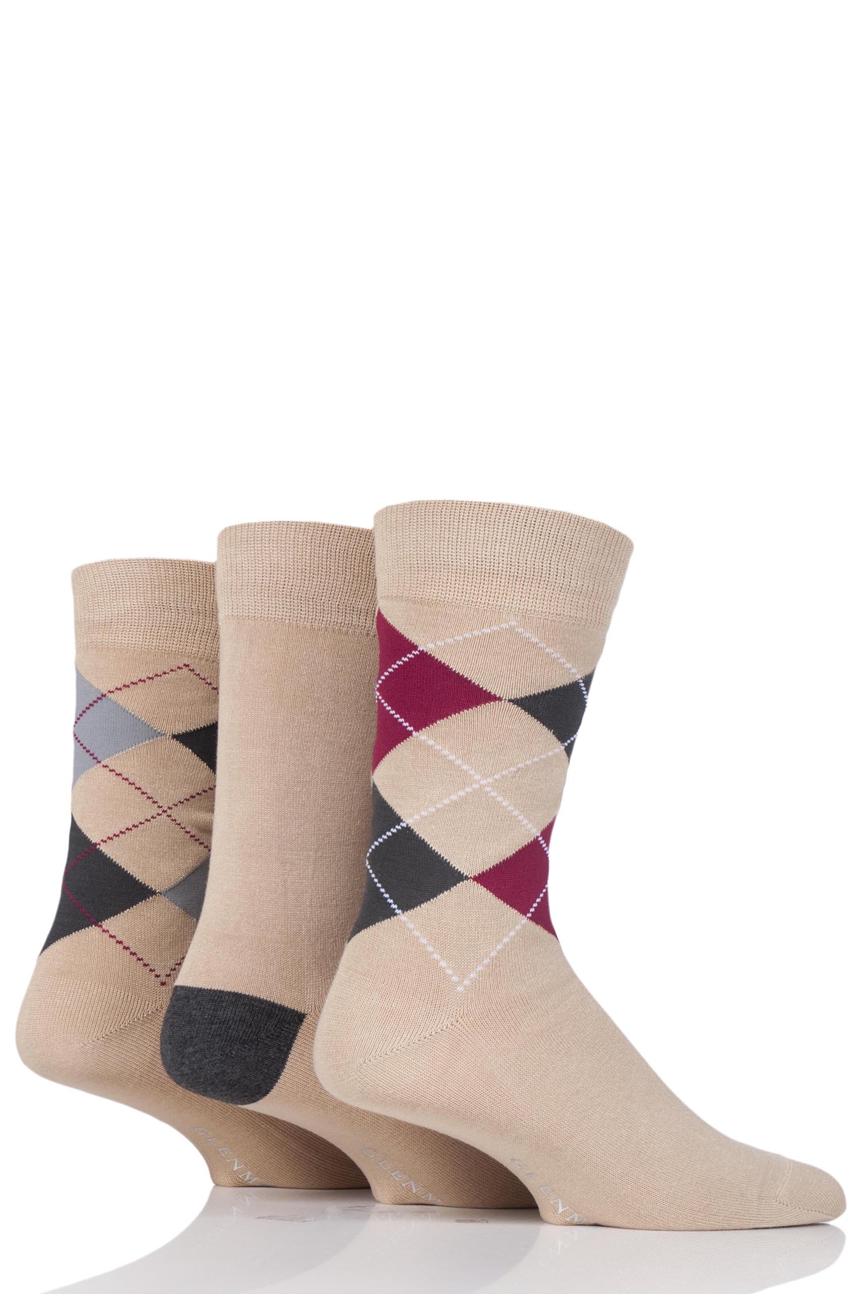 Glenmuir Men's Beige 3 Pair Classic Bamboo Argyle Socks 7-11