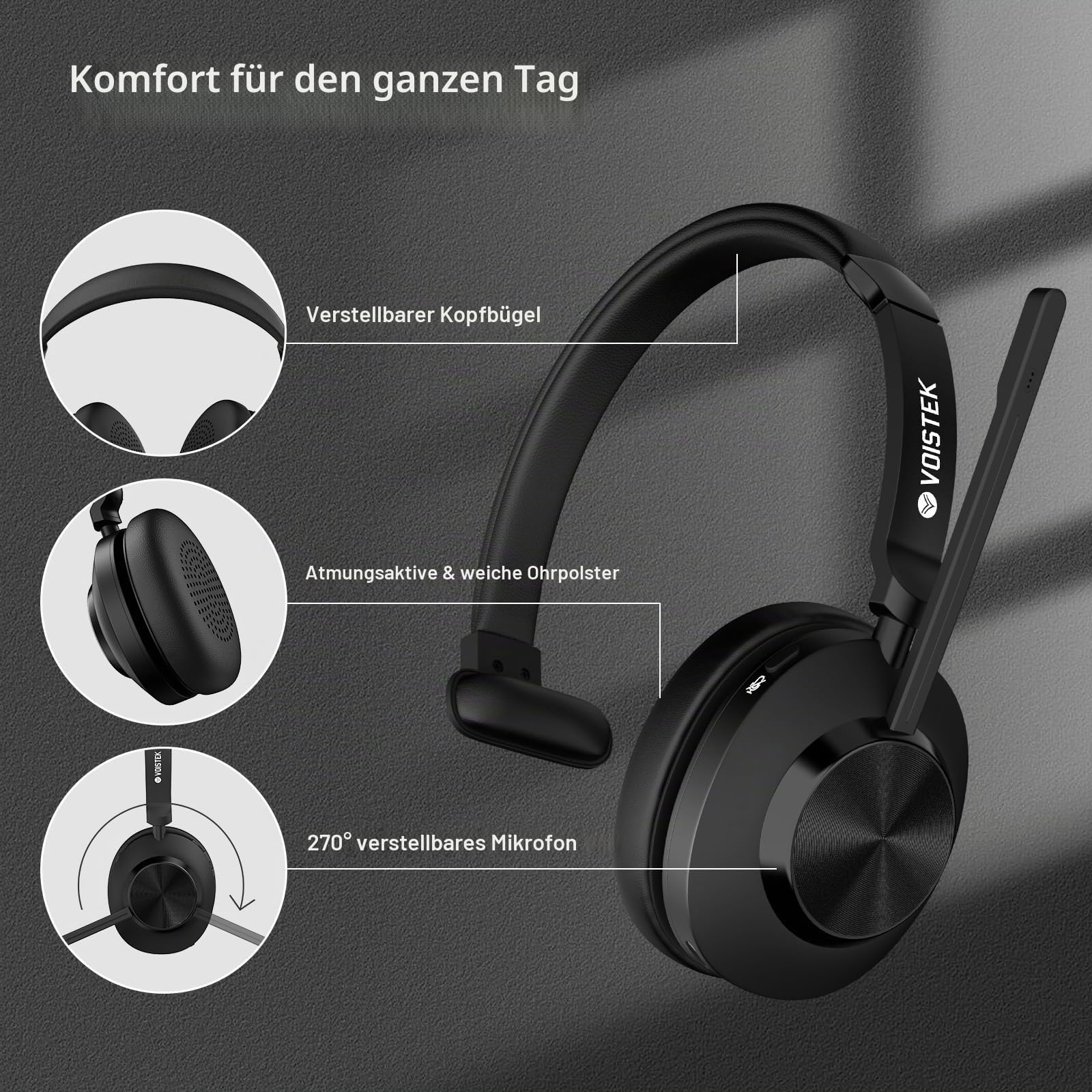 Voistek On-Ear Wireless Headset mit Bluetooth & USB-Dongle – 50 Std. Akkulaufzeit, Geräuschunterdrückendes Mikrofon für klares Telefonieren – Ideal für Home Office, Büro & Callcenter