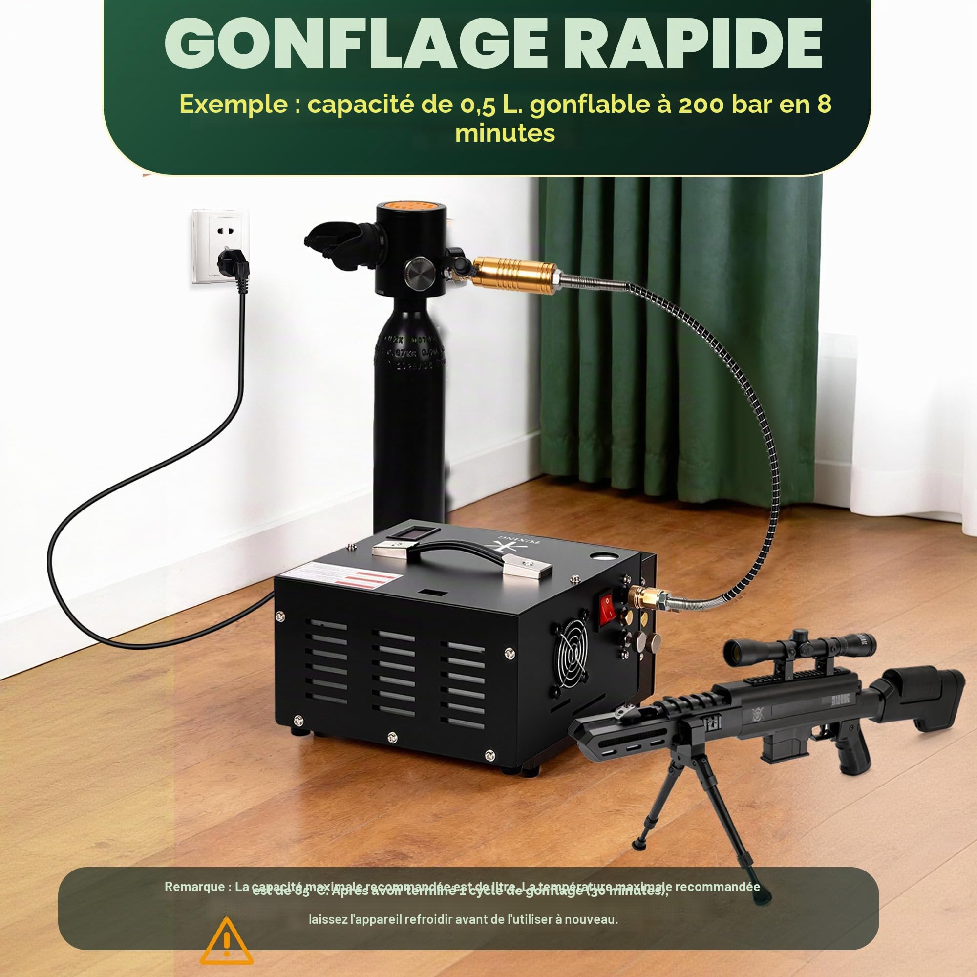 TUXING Compresseur d'air PCP 4500Psi, Compresseur d'air ajustable haute pression alimenté par voiture 12V DC ou maison 220V AC avec adaptateur (inclus), Pompe pour Scuba Tank