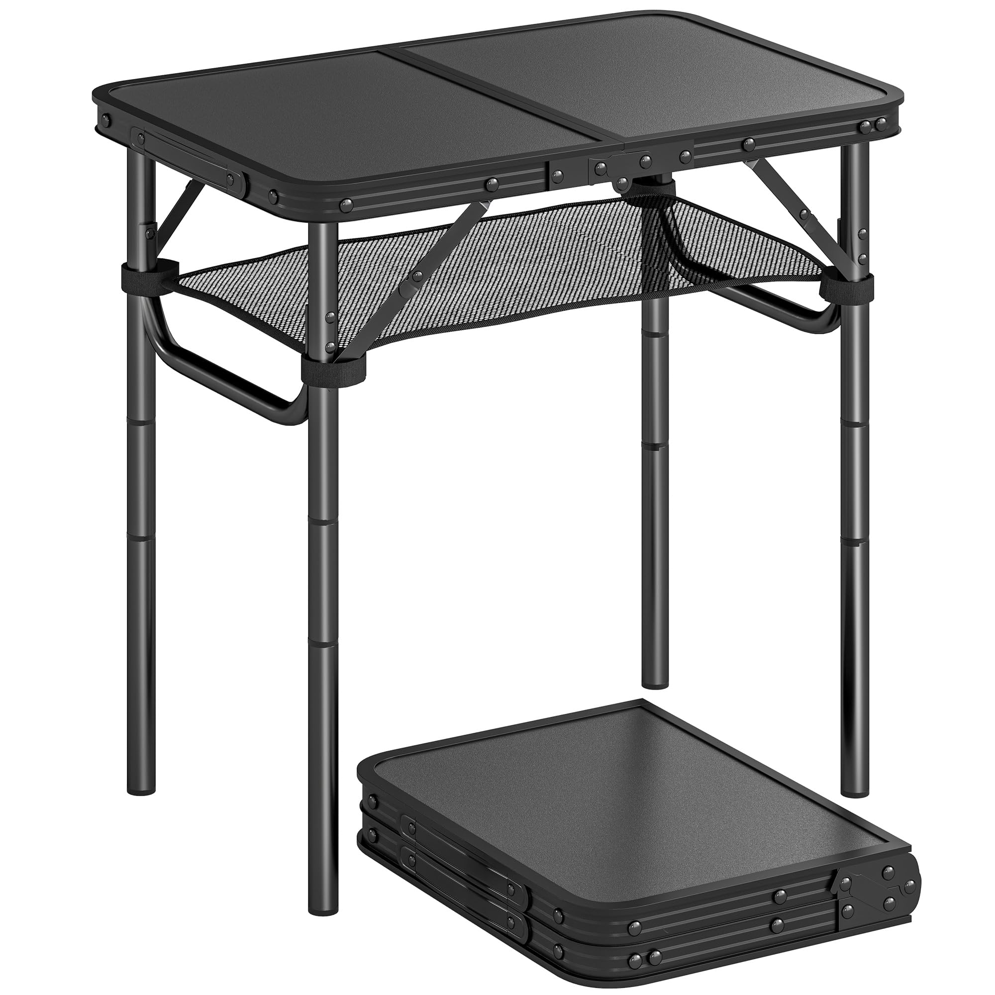Outsunny 2ft Folding Camping Table, Picnic Table with Mesh Storage Layer, 4 Adjustable Heights and Carrying Handle, Portable for Garden, Park, BBQ, Black