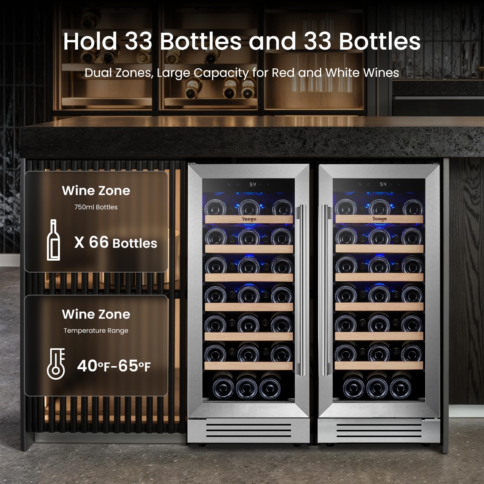 YEEGO 30 Inch Wine Fridge Bundle, 66 Bottles Mini Wine Cooler With Glass Door,40-65°F Under Counter Refrigerator Built-In For Home Office Bedroom Bar on Fridge.com - View 2
