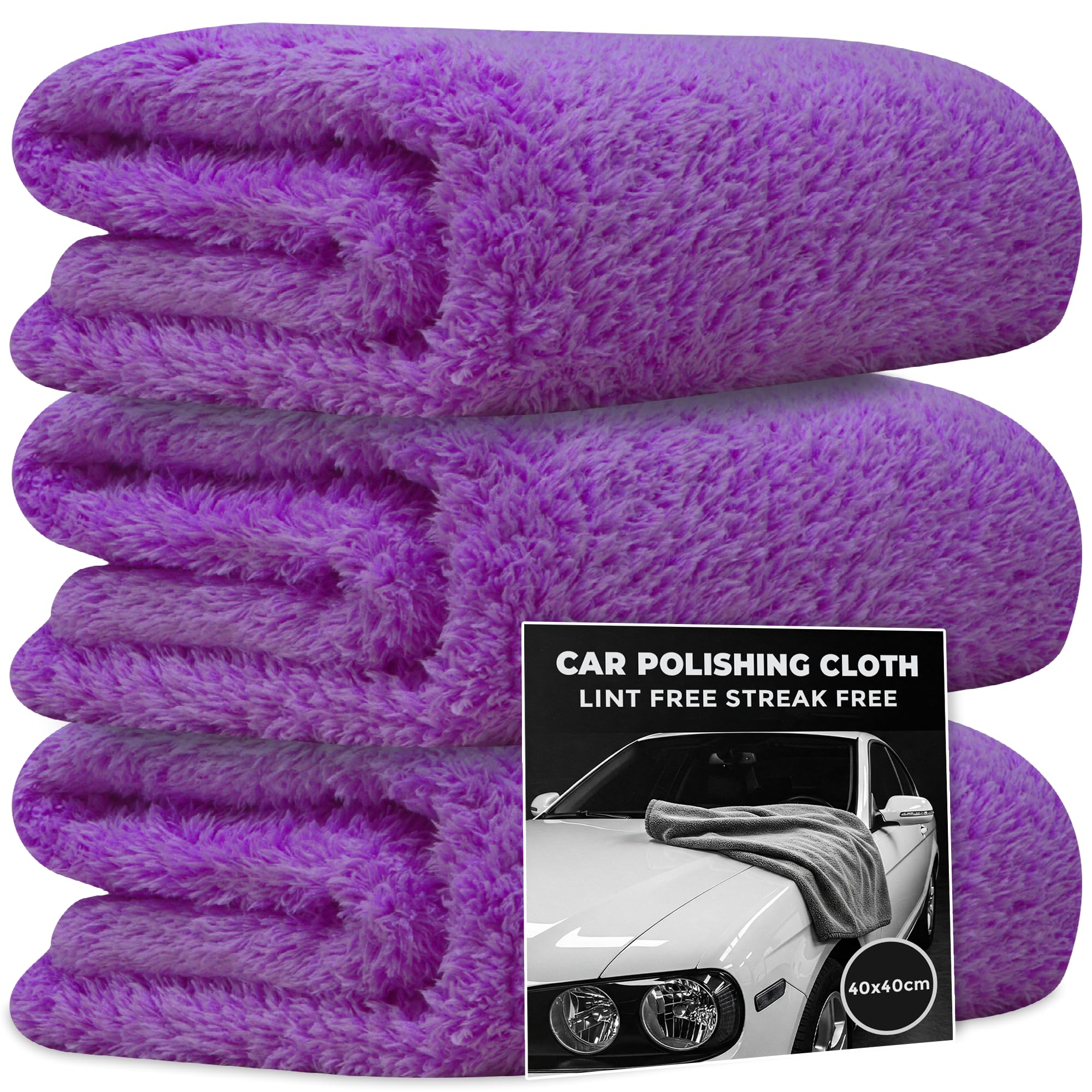 Towelogy 3 x Premium Microfibre Car Polishing Cloths – Professional Paint Care, Edgeless Design for No Scratches or Swirl Marks, Lint-Free Finish (3, Purple)