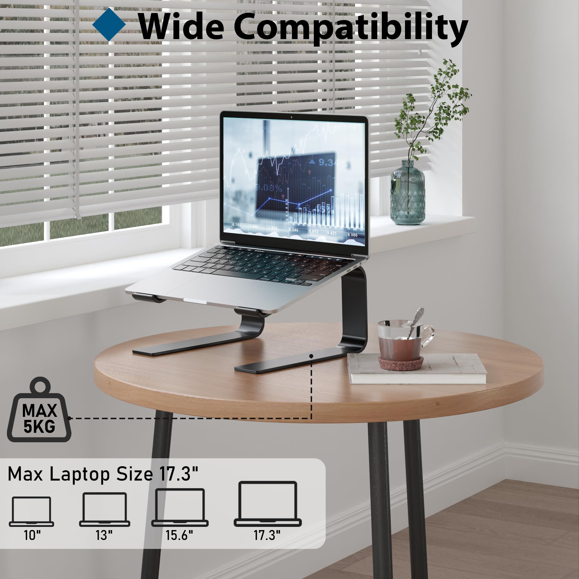 BONTEC Support Ordinateur Portable Ergonomique 10-17,3 Pouces, Rehausseur avec Inclinaison 14° et Gestion des Câbles, Noir