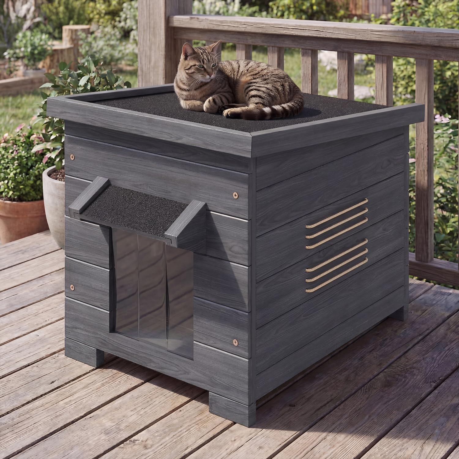 Wooden Cat House,for Indoor & Outdoor,Cat Shelter with Asphalt Roof,Weatherproof for Summer,Grau