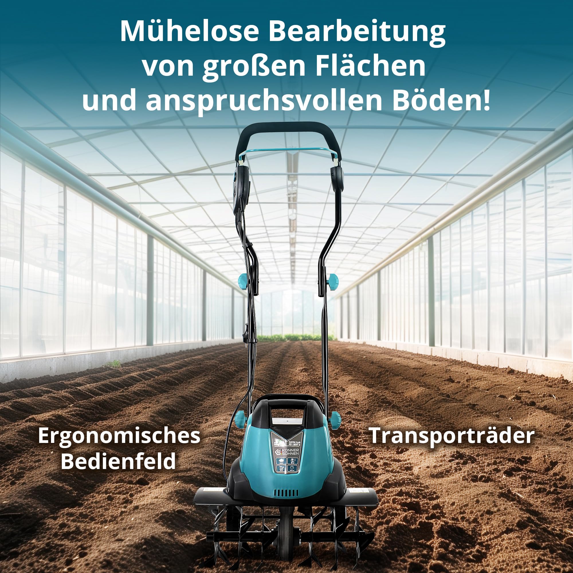 Könner & Söhnen KS 1500 T E Elektro-Bodenhacke, 23 cm Stahl Fräsen, 40 cm Arbeitsbreite, 23 cm Arbeitstiefe, 1500 W, 230 V, Gartenfräse für Hofgrundstücken, Blumen- und Gartenbeeten
