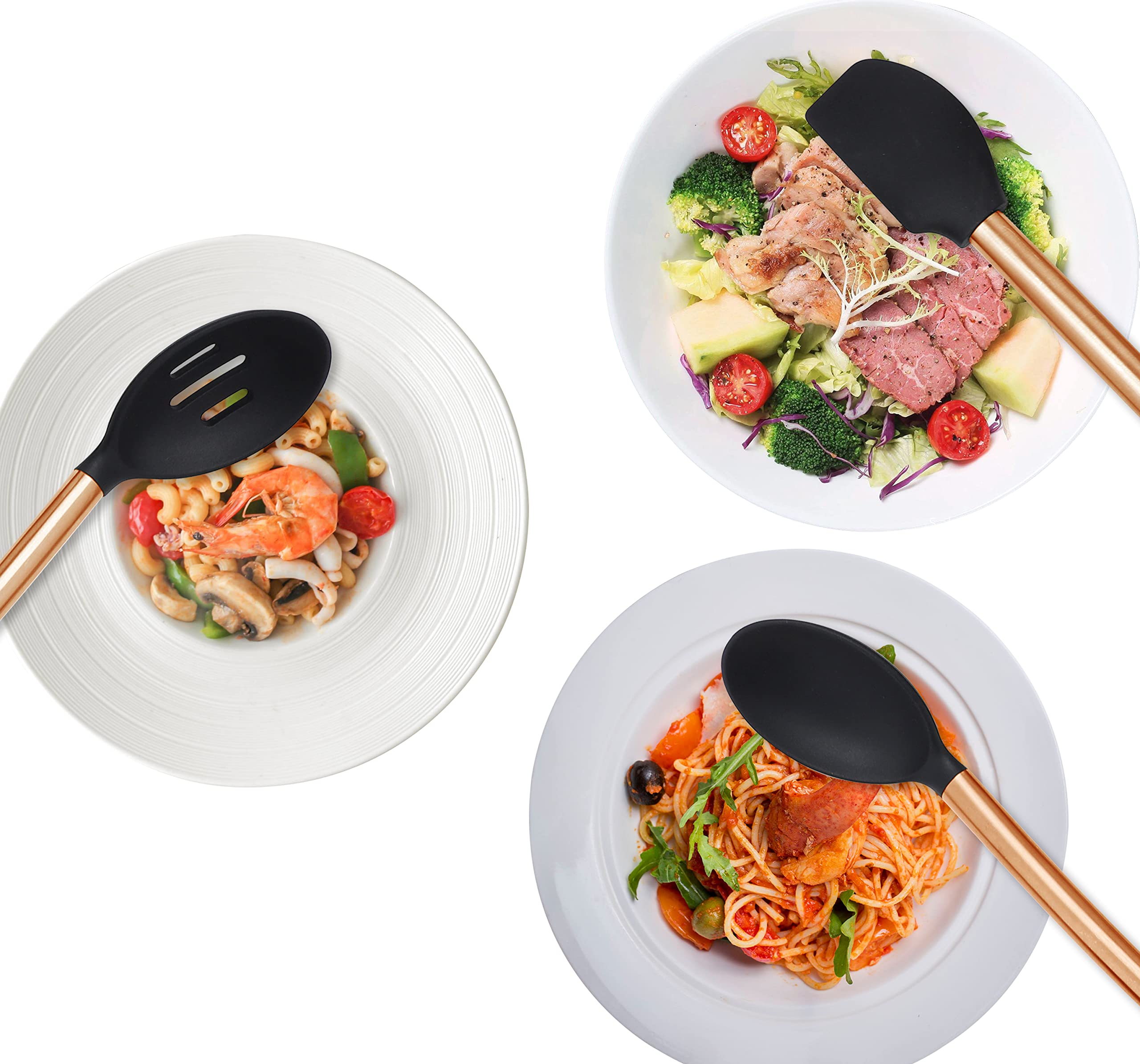 ECHTWERK Ustensiles cuisine, 10 pièces, silicone antiadhésive, manche inox, support, édition cuivre.