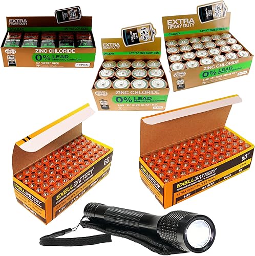 Miniatura 1 de 166 piezas de baterías resistentes kit tamaños 9 V, AAA, AA, D, C Plus 140 lúmenes linterna