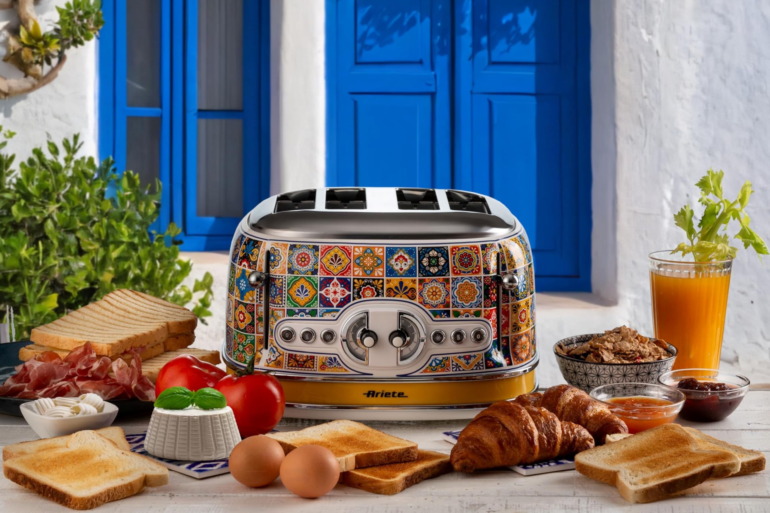 Ariete Toaster 156 Positano, Style Méditerranéen, 4 Fentes, 6 Niveaux de Brunissement avec Ejection Automatique, Bac à Miettes, Fonctions de Grillage, Chauffage et Décongélation, 1630W