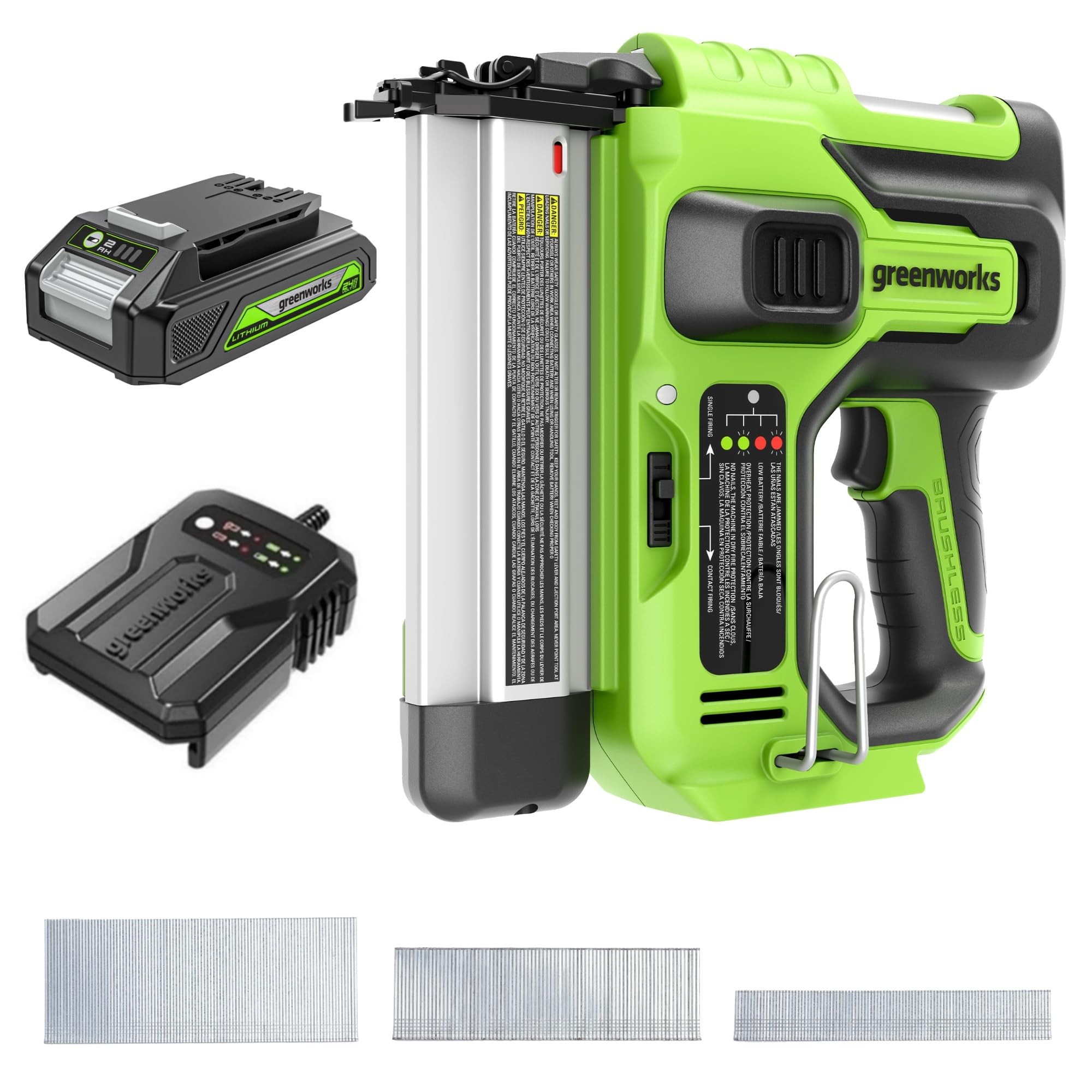 Greenworks Cloueuse sans fil 24 V (100 coups/min, longueur de clou max. 50 mm, réglage de la profondeur, tir simple/série, avec 500 clous, avec batterie 2 Ah et chargeur)
