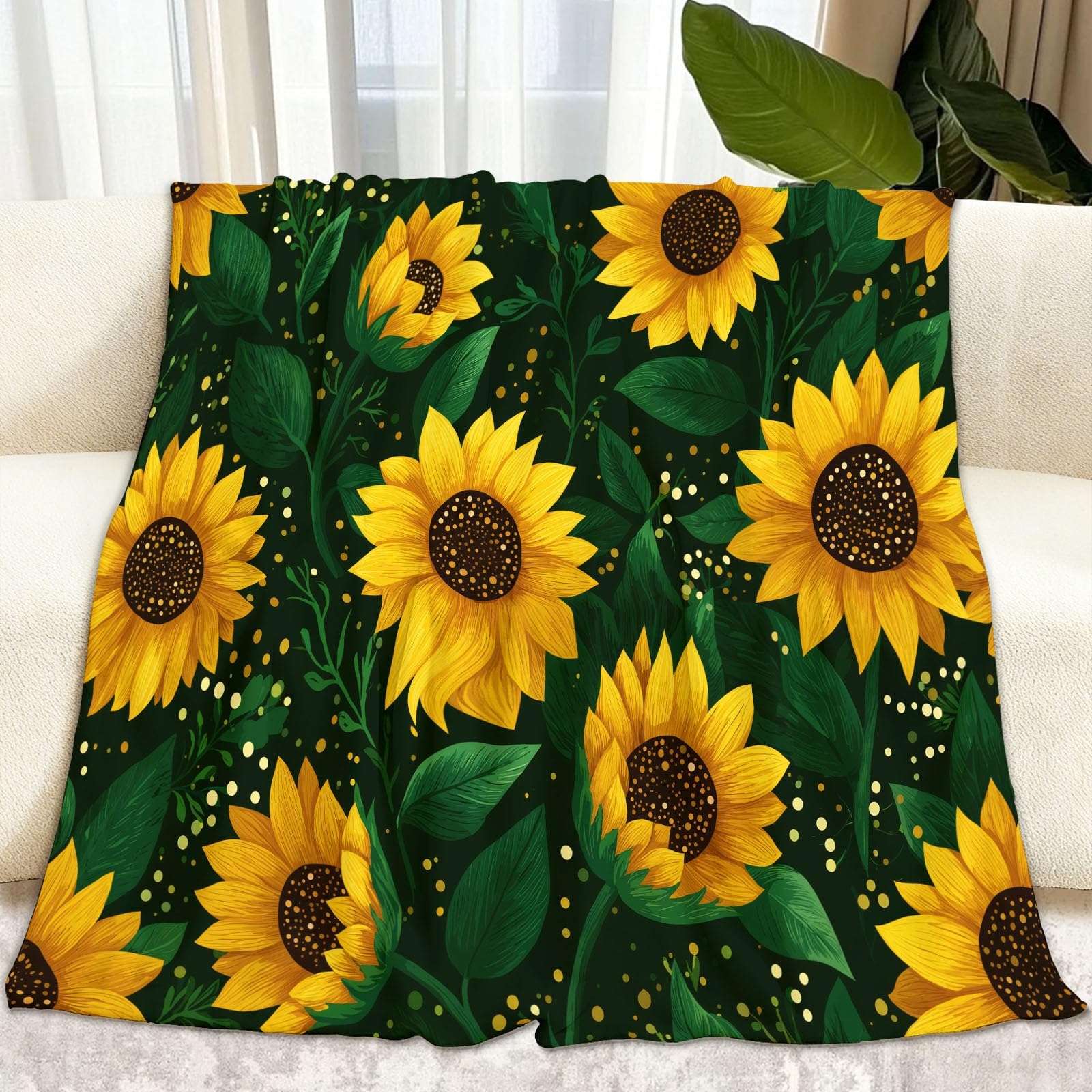 Générique Couverture Flanelle Tournesol Dessiné À La Main 220 x 240 cm Douce Moelleuse Flanelle Couverture de Lit, Noir Plaid Polaire Jeté de Canapé Convient Adultes et Enfants Chaud en Hiver
