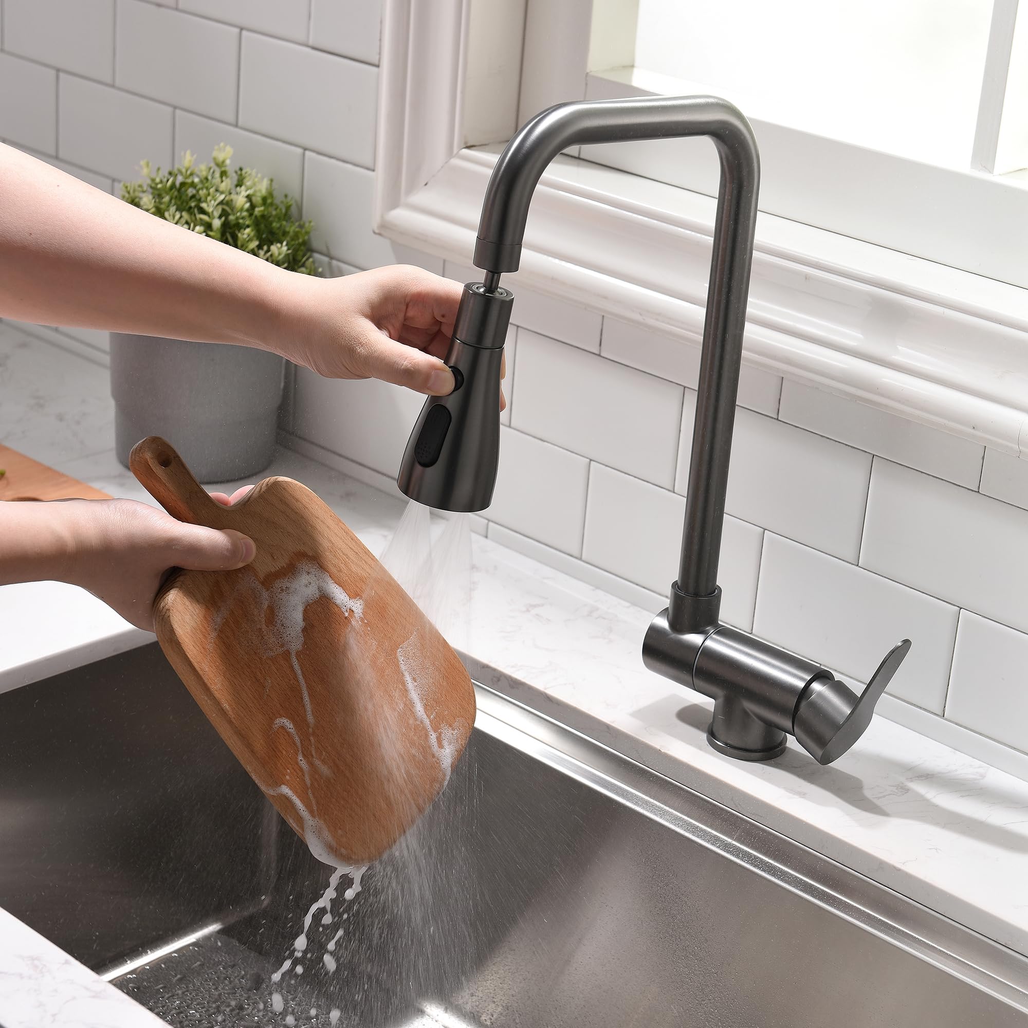 Grifo Cocina Abatible, Grifo Abatible Cocina 3 Modos De Descarga De Agua,Grifo De Fregadero Plegable, Grifo Monomando Bajo Ventana De Acero Inoxidable 304 (gris)