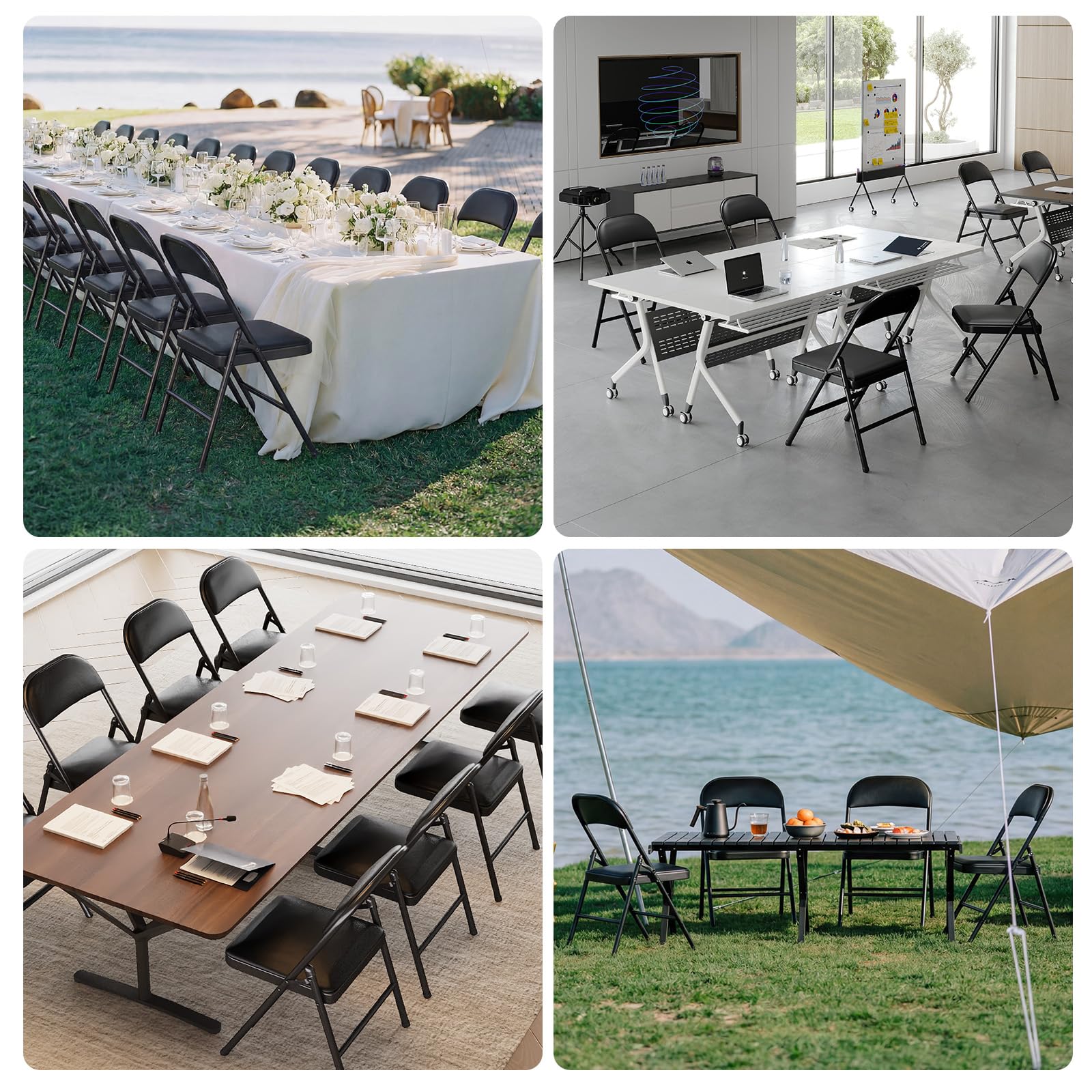 RUIE Chaises Pliantes Lot de 6 Cuir PU, Chaise Métal Rembourrée, Chaises pour Cuisine Bureau Camping Balcon Jardin Salle à Manger, Chaise Pliante Exterieur, jusqu'à 158Kg, Noir