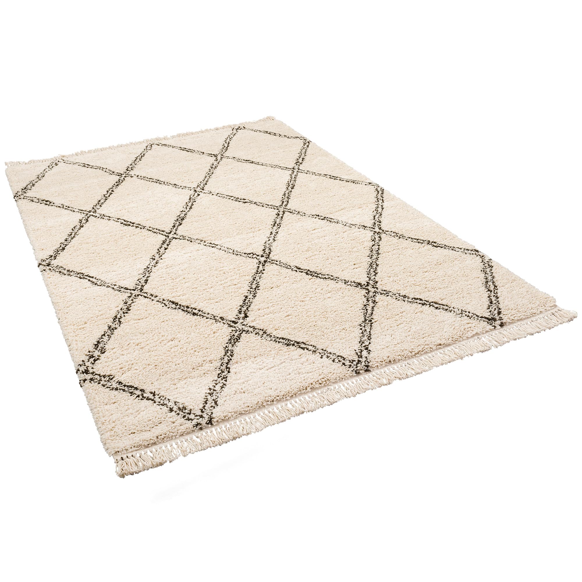 Pergamon Boho - Tapis Shaggy à Poils Longs - Motif Diamant créme - 5 Tailles Disponibles