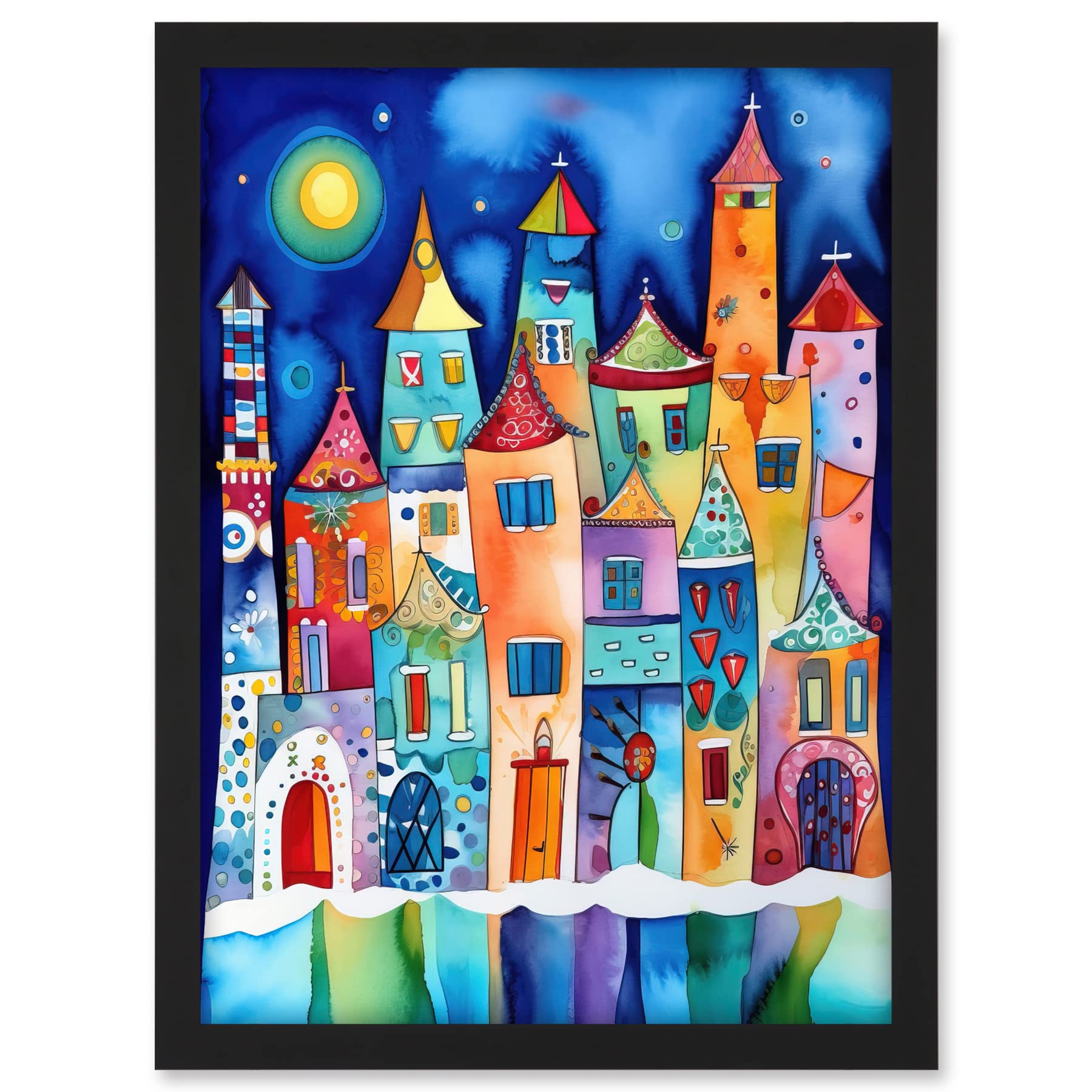 Artery8 Midnight Abstract Town Folk Art Artwork Framed A3 Wall Art Print