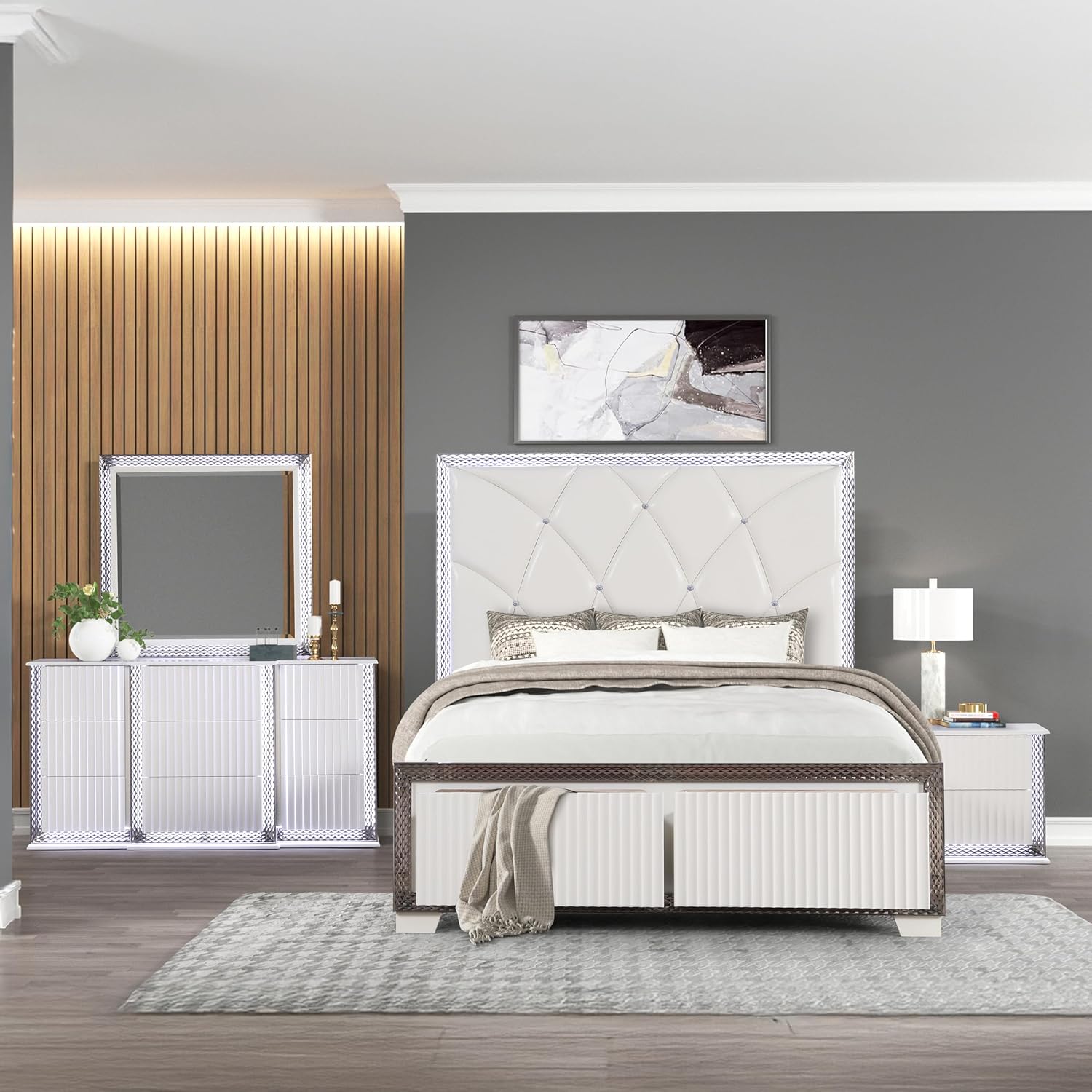 Queen 4PC Bedroom Set Made with Diamond Shaped Side Accents, LED Lighting and Wood in White