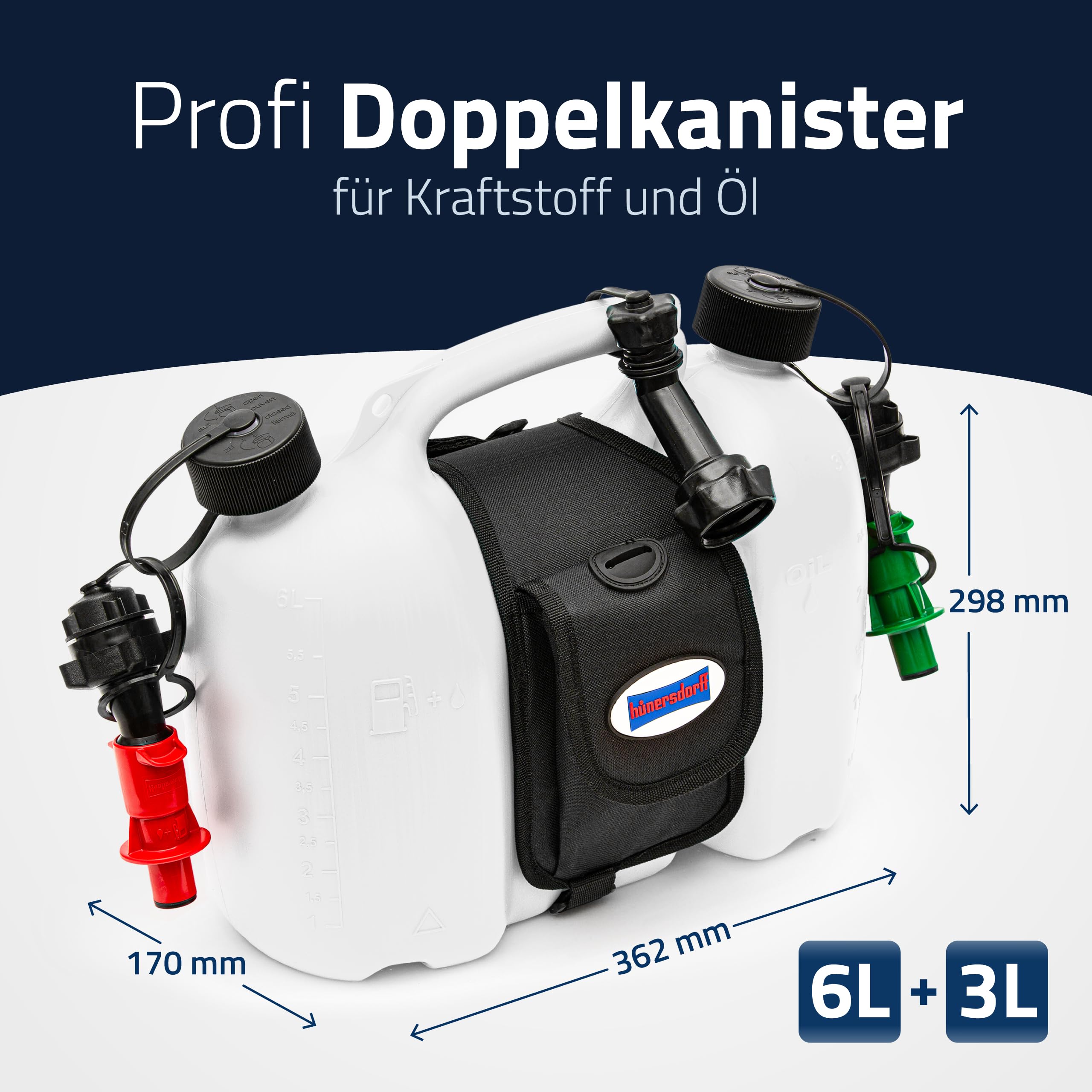 hünersdorff PROFI Doppelkanister Kombikanister Kraftstoff Öl 6+3 Liter UN-Zulassung Made in Germany Weiß