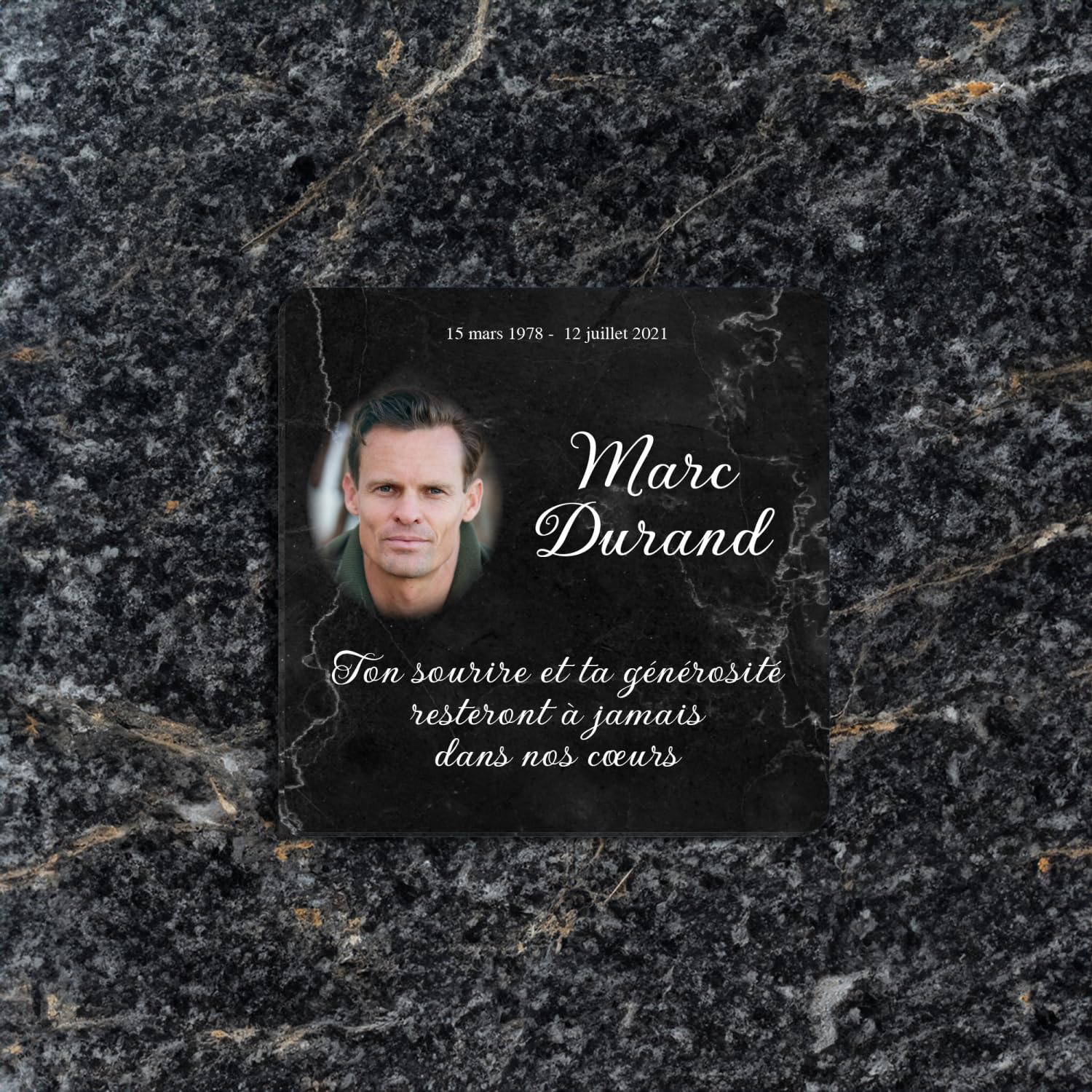 Placa funeraria personalizable para Columbarium plexiglás con foto del difunto, diseño de mármol negro, tamaño 15 x 15 cm