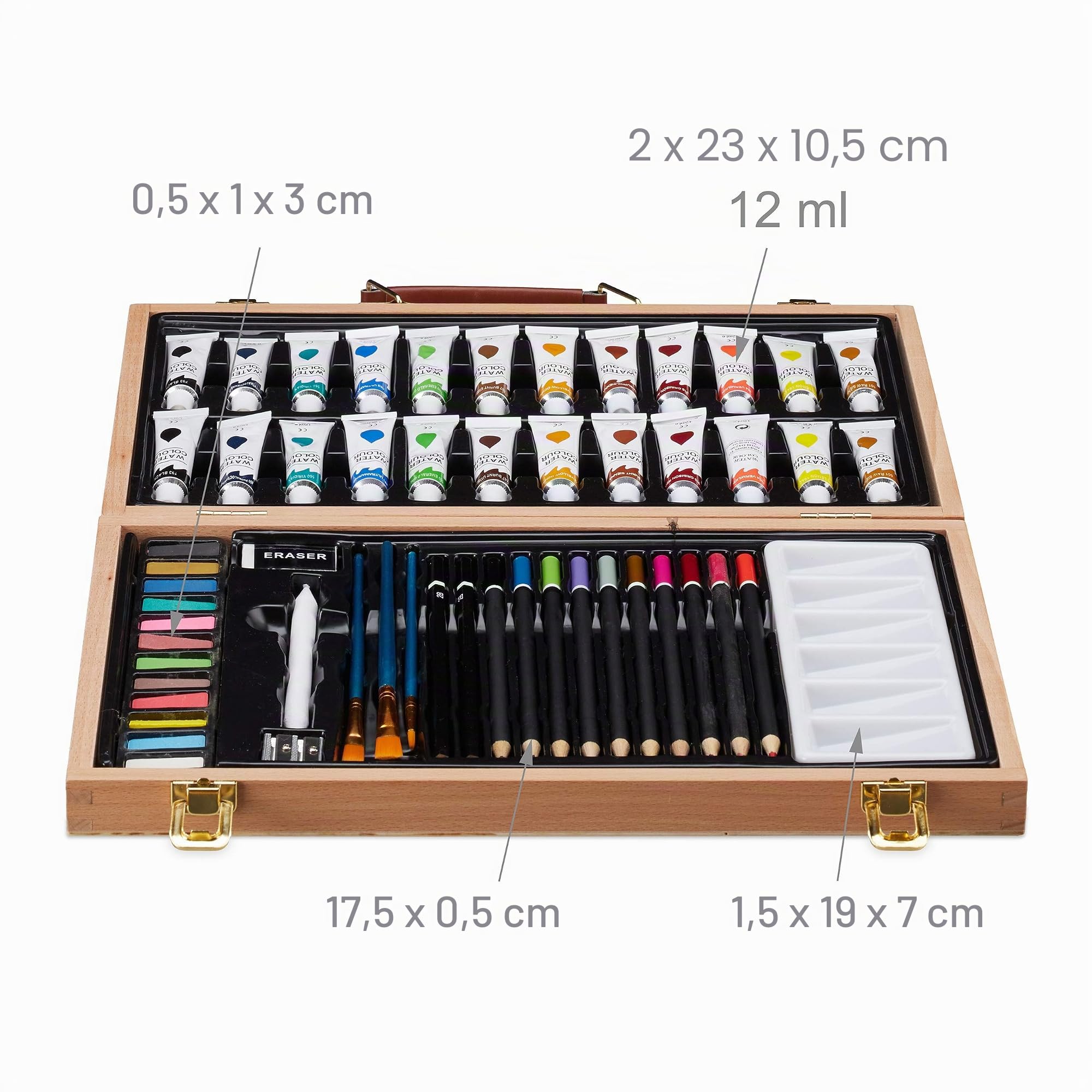 Relaxdays Maletín Pinturas con Goma, Sacapuntas, Lápices y Lapiceros Color, Madera, 56 Piezas, Acuarelas, Marrón