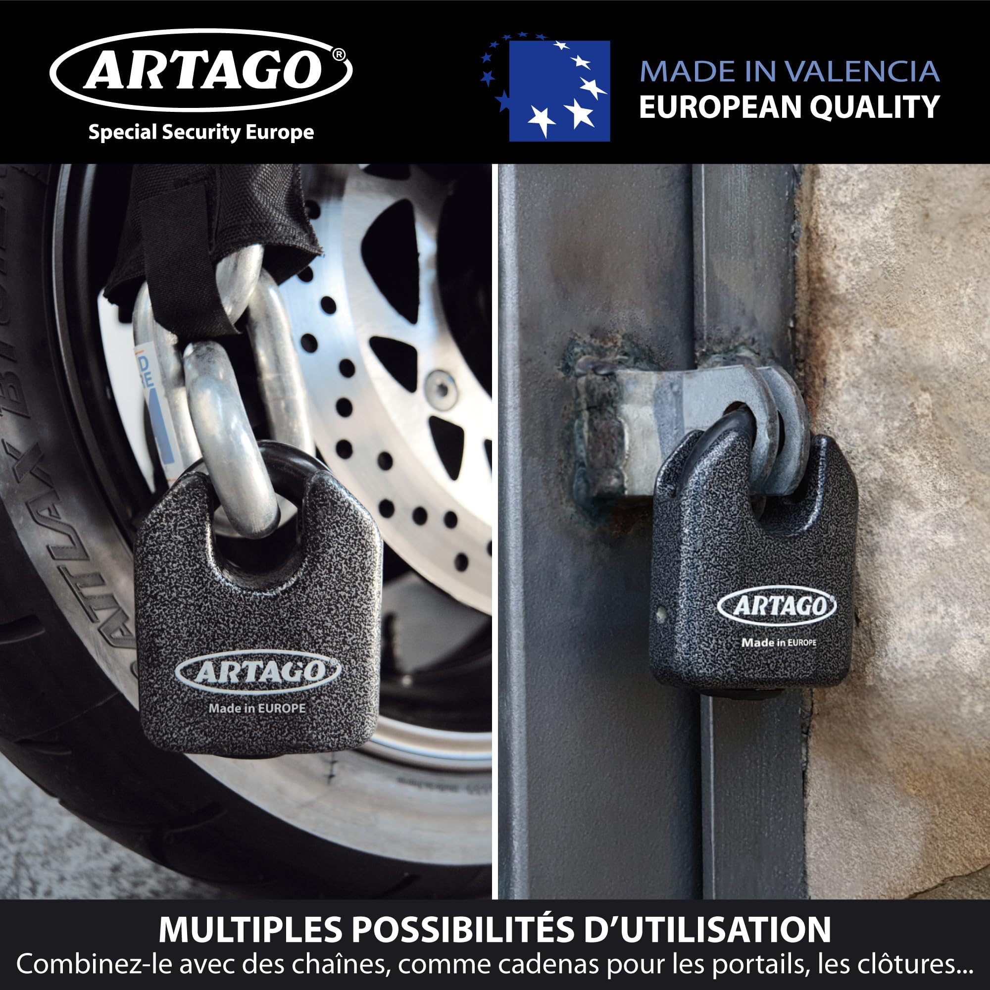Artago 68T/B Cadenas de Sécurité Maximale ø15mm, BUNKER SELECTION, Homologué Sold Secure Gold, Monobloc, Serrure à Clé Haute Sécurité, Compatible avec Porte Extérieure, Chaîne grande, Conteneur