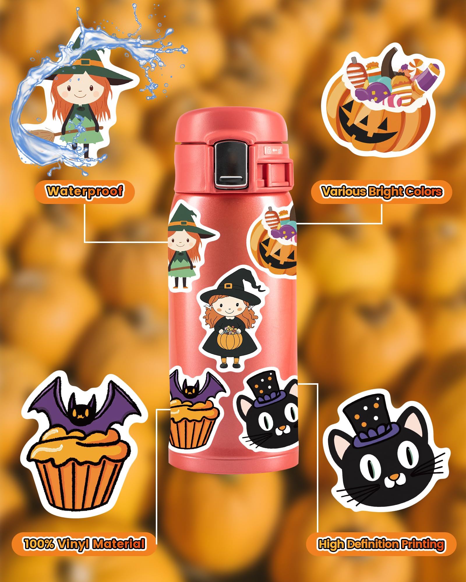 Benresive Lot de 300 autocollants d'Halloween pour enfants, autocollants de vacances d'Halloween en vrac, cadeaux de fête d'Halloween pour enfants, jolis autocollants en vinyle imperméable pour