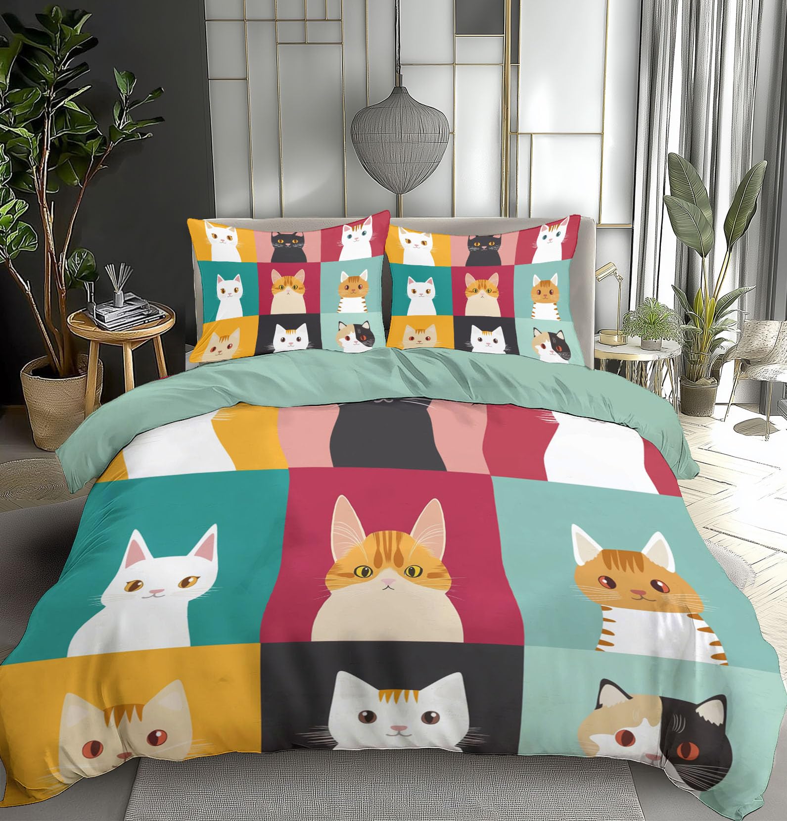 Housse de couette 140x200cm chat réversible avec 2 taies d'oreiller pour lit standard enfant