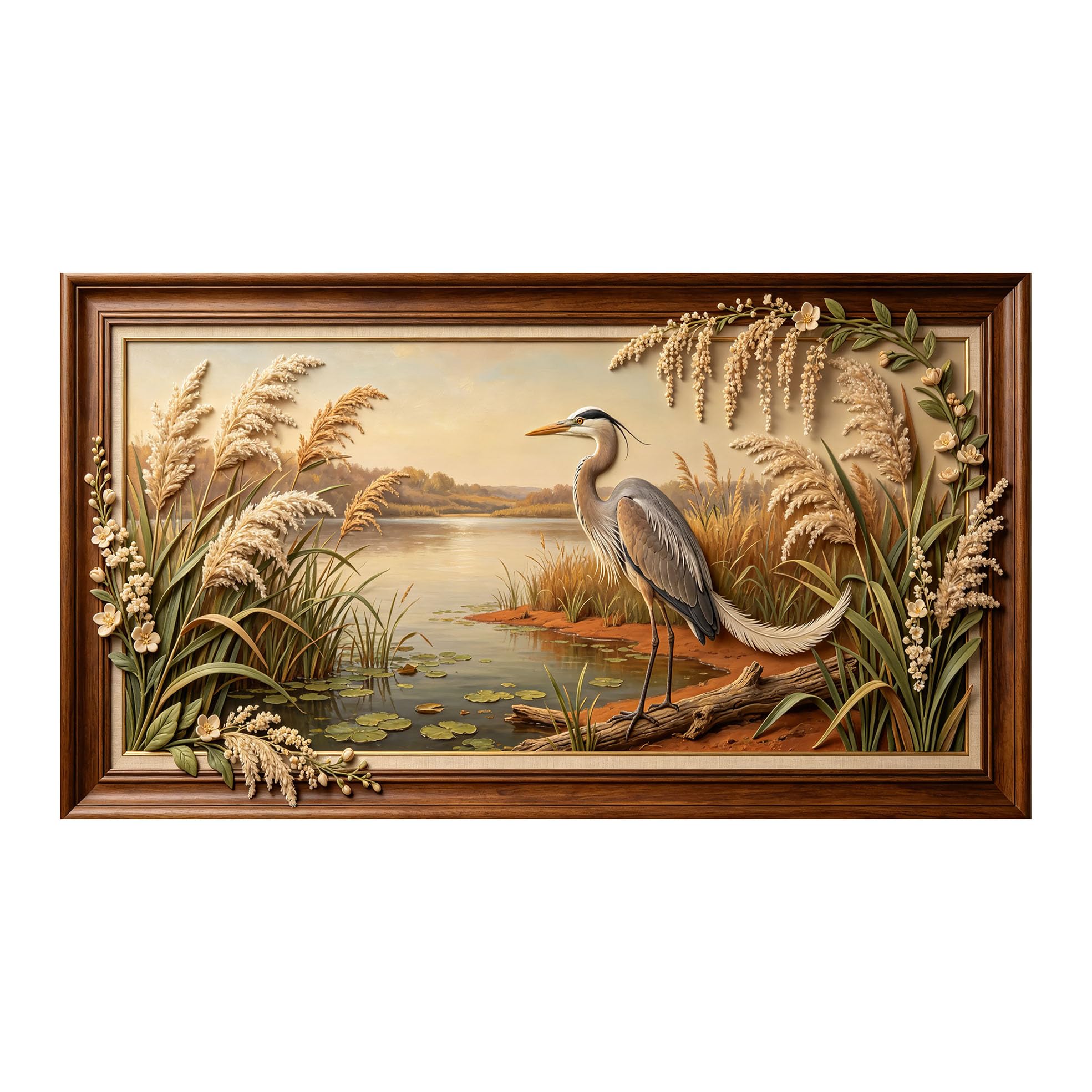 Yzpallescene 3D 3D Framed Wall Art 50cm×90cm Lake Shore Heron Landscape Oil Painting Large Size SelfAdhesive Removable Wall Decor Prints Artwork for Living Room Bedroom Office
