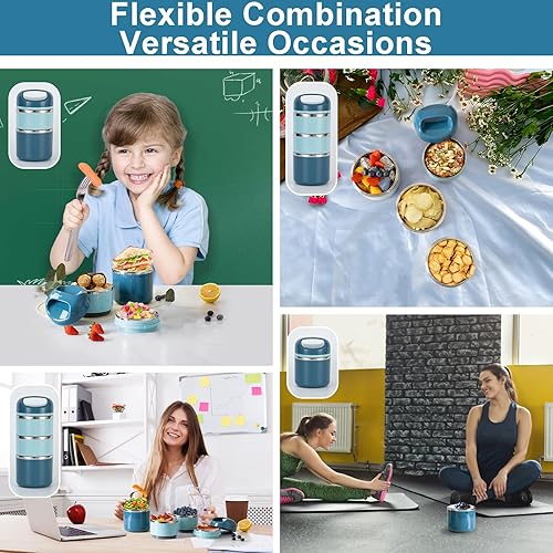 Miniatura 6 de Lille Home Lonchera de acero inoxidable de 3 capas de 1.43 litros, a prueba de fugas, sin BPA, caja Bento para preparación de comidas sobre la