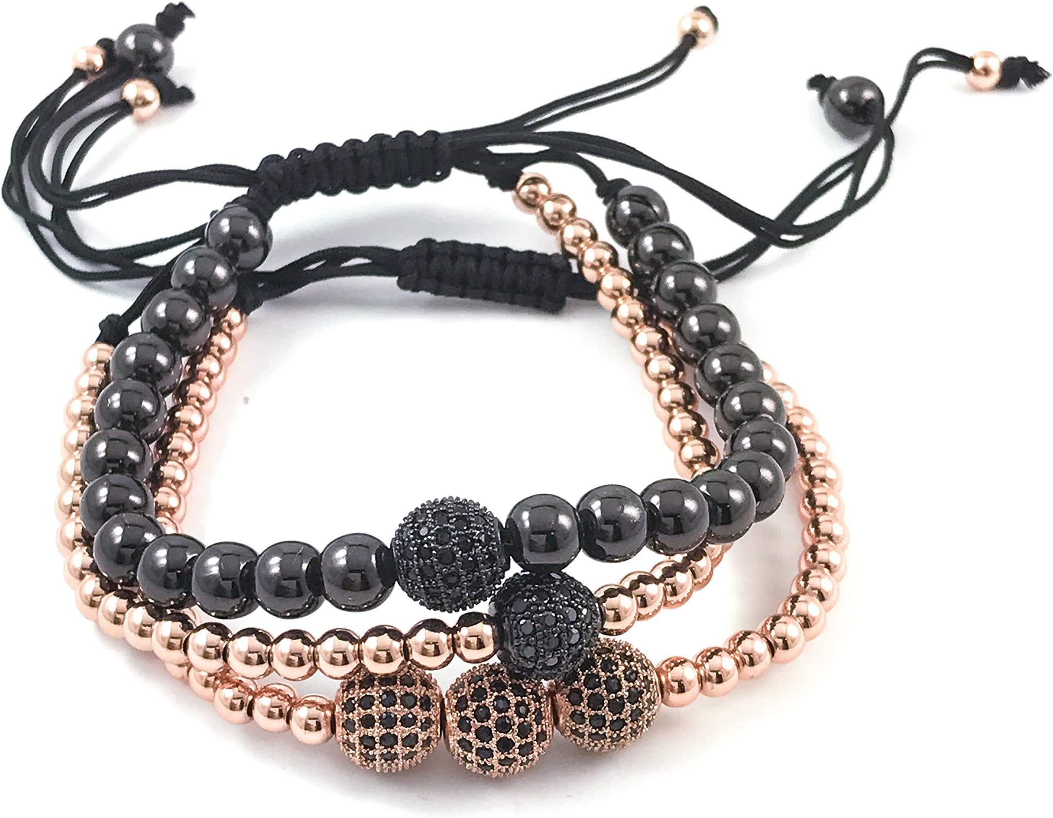 Macramé Stack Rose-Gold & Black Bead Bracelets with Pave Zircon Encrusted Balls