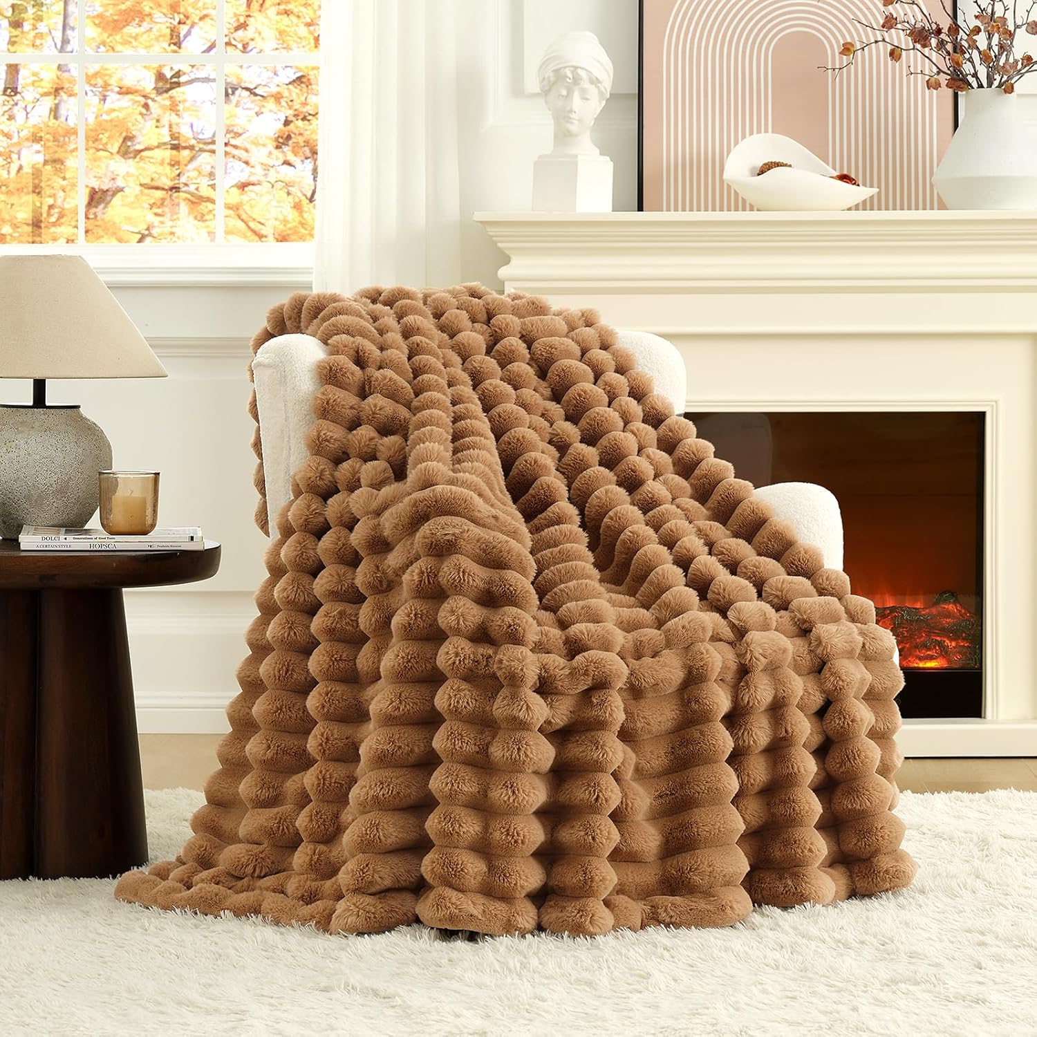Cozy Bliss Faux Fur Throw Blanket for Couch, Cozy Warm Plush Striped Blanket for Sofa Bedroom Living Room, 50 * 60 Inches Toasty Brown Toasty Brown Throw(50" x 60")