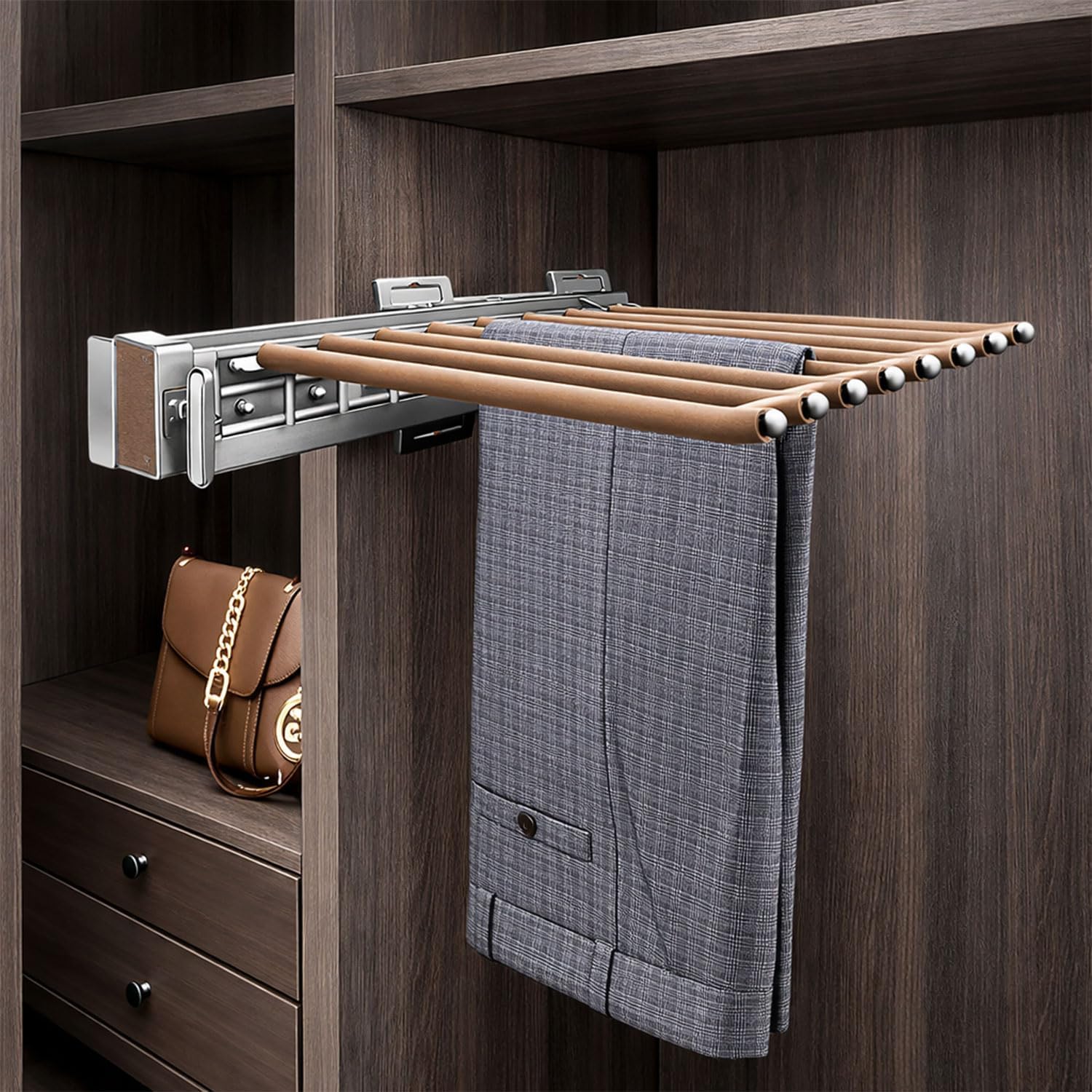 VOLO Pull Out Pants Rack | 10 Arm Aluminum Trouser Hanger | Side Mounted Pull Out Wardrobe Organizer | Space Saving Clothes Storage | Smooth Sliding Rack | 20kg Load Capacity | Brown-image-20