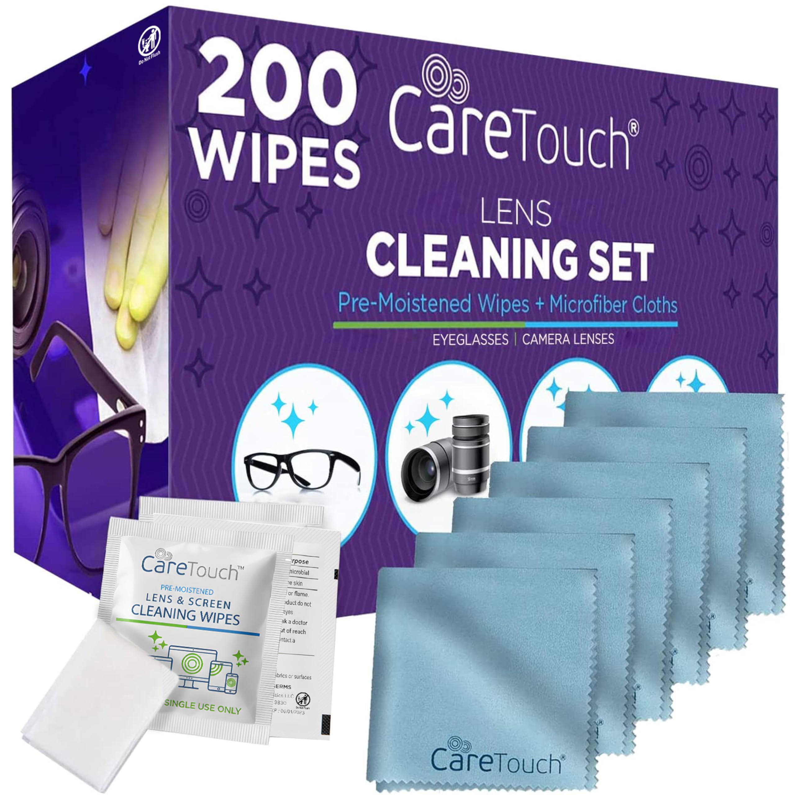 Care Touch Lens Cleaning Wipes with Microfiber Cloths - 200 Lens Wipes for Eyeglasses & 6 Microfiber Cloths - Glasses, Camera Lenses, Screens, Eye Glasses Cleaner for Cleaning Eyeglasses