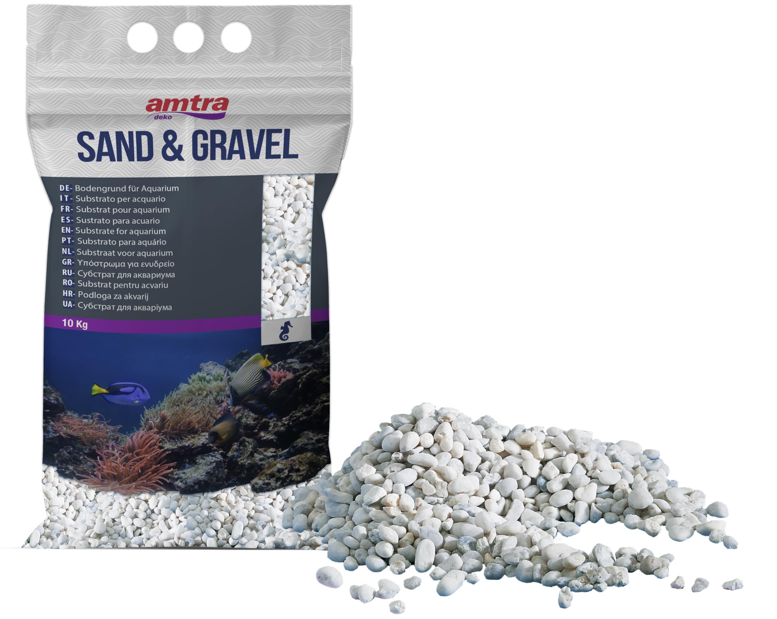Amtra Gravel Noa Grava Natural Para Acuarios, Piso Decorativo, Granos Gruesos Blancos de 4-8 mm, Tamaño 10 kg