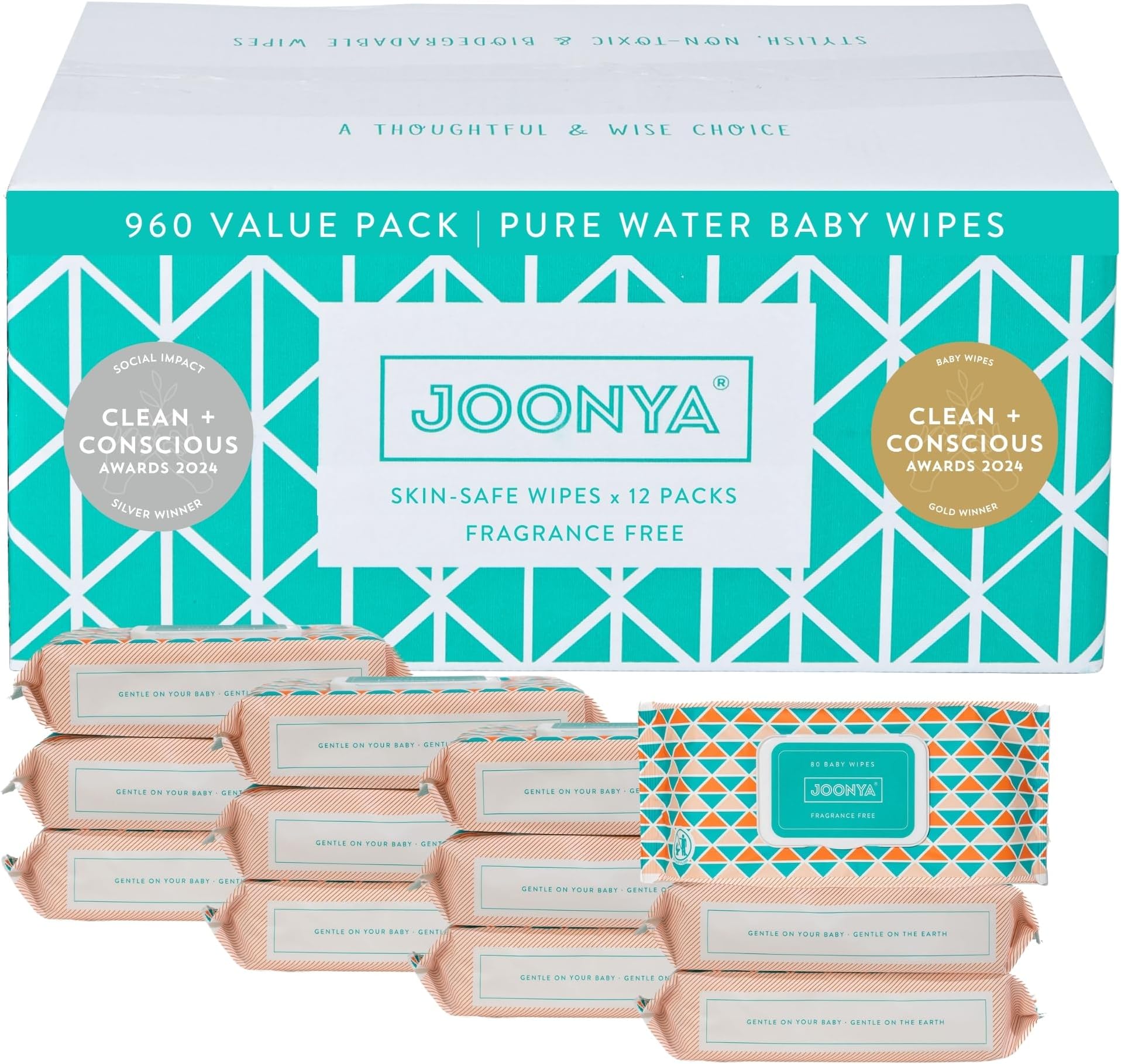JOONYA Unscented Baby Wipes — Plant-Based, Fragrance-Free Bulk Diaper Wipes | Hypoallergenic, Non-Toxic & Biodegradable Wet Wipes for Sensitive Newborn Skin | 12 Packs of 80 (960 Total)