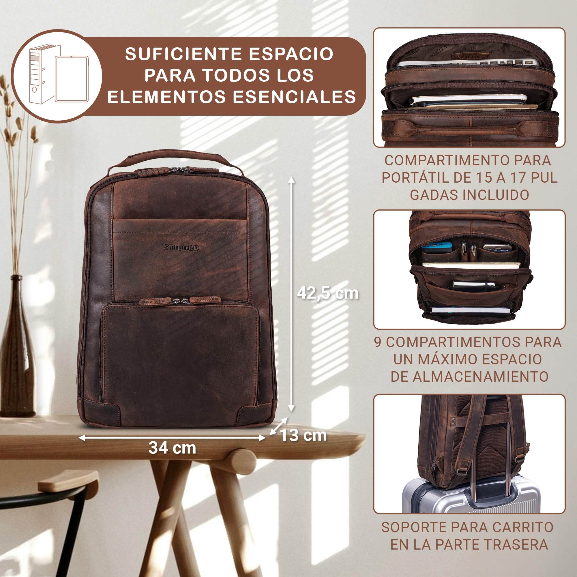 STILORD Harlow Mochila de Cuero XL para Hombres | Gran Mochila Piel de Negocios para Portátil de 15-17 Pulgadas | Sistema de Enganche al Carrito | Cuero Auténtico Color:Zamora - marrón