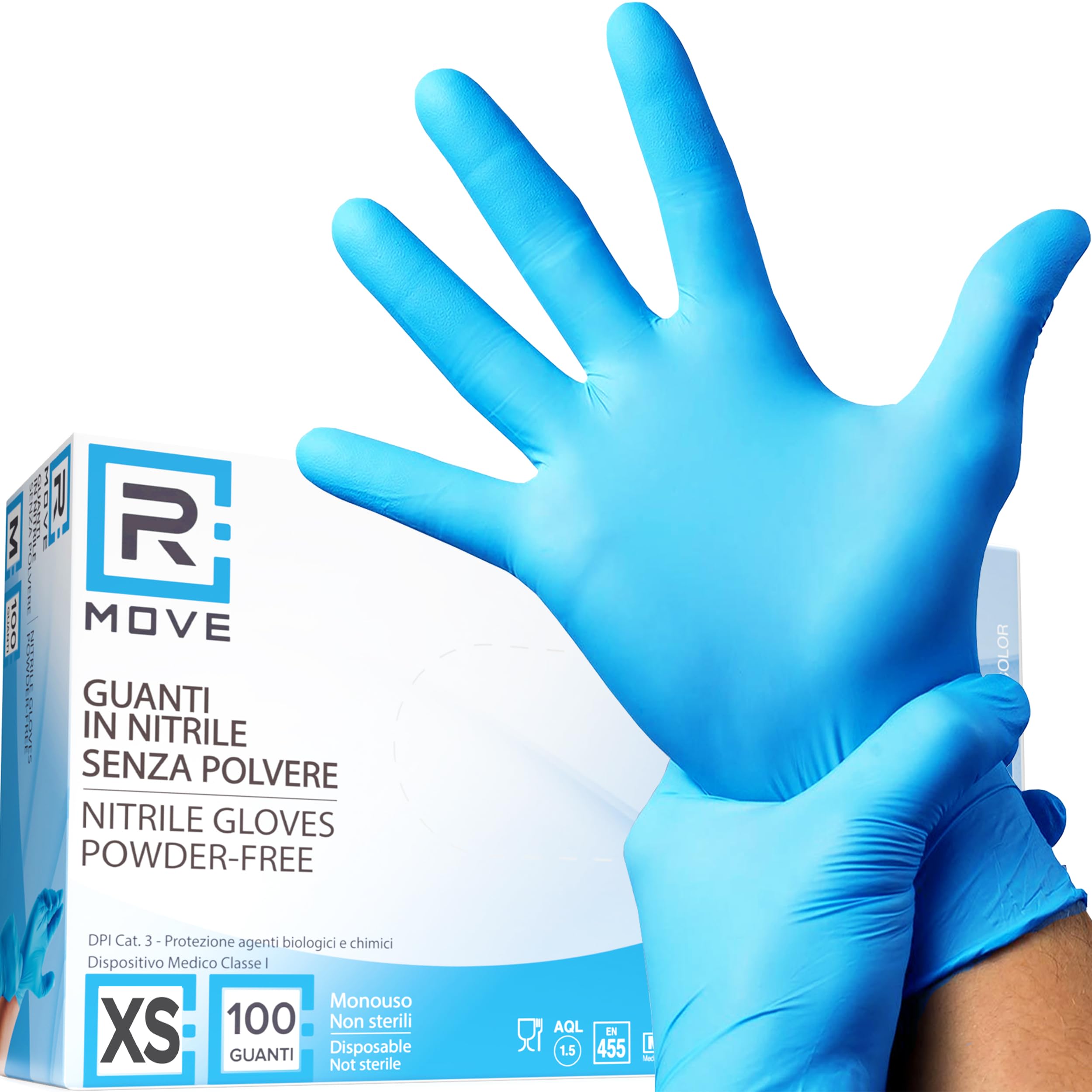 RMOVE 1000 guantes de nitrilo azul XS sin polvo, sin látex, hipoalergénicos, 10 cajas de 100 guantes desechables para esteticistas, tatuadores, entornos médicos