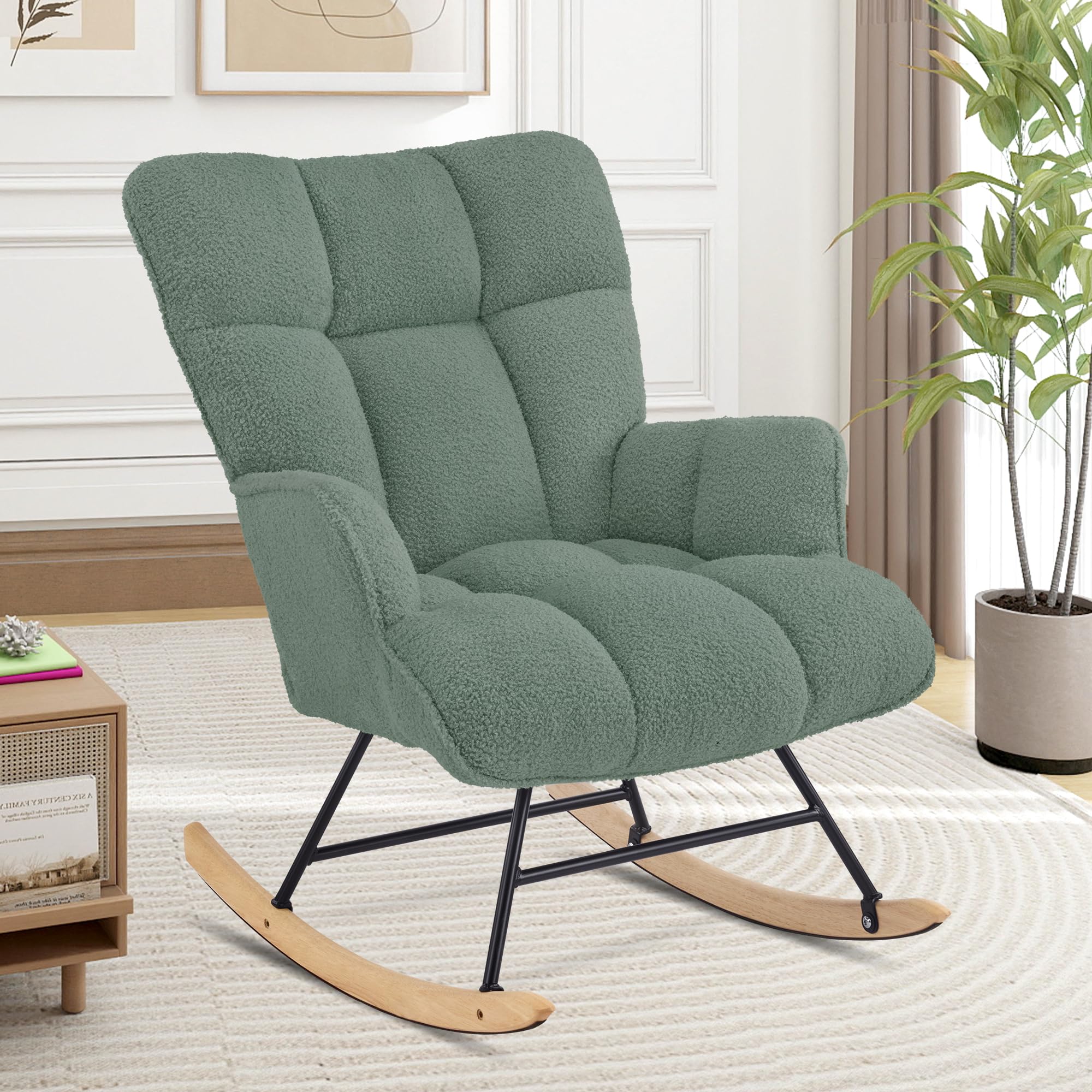 Schaukelstuhl Stillsessel, Teddystoff, Grün | Gepolsterter Schwingsessel, Holzkufen, Mit Armlehne, Für Wohnzimmer, Schlafzimmer, Babyzimmer