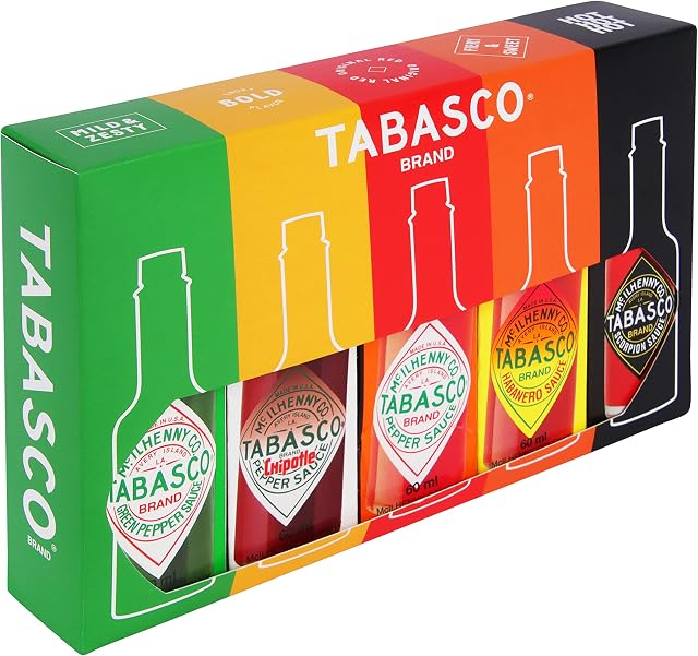 TABASCO® Zestaw prezentowy: 5 szklanych butelek z ostrym sosem chili (5 x 60 ml) w 100% naturalny  dla miłośników ostrości i ostrości