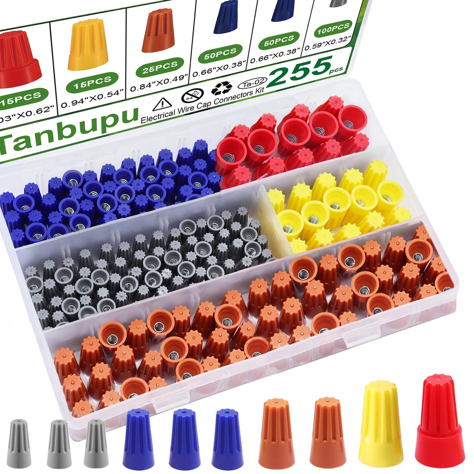 255PCS Electrical Wire Caps Wire Connectors Nuts Kit, 22-10AWG Insulating Insert Twist Wire Connectors with Spring, Screw on Terminals Assortment Set Quick Connection
