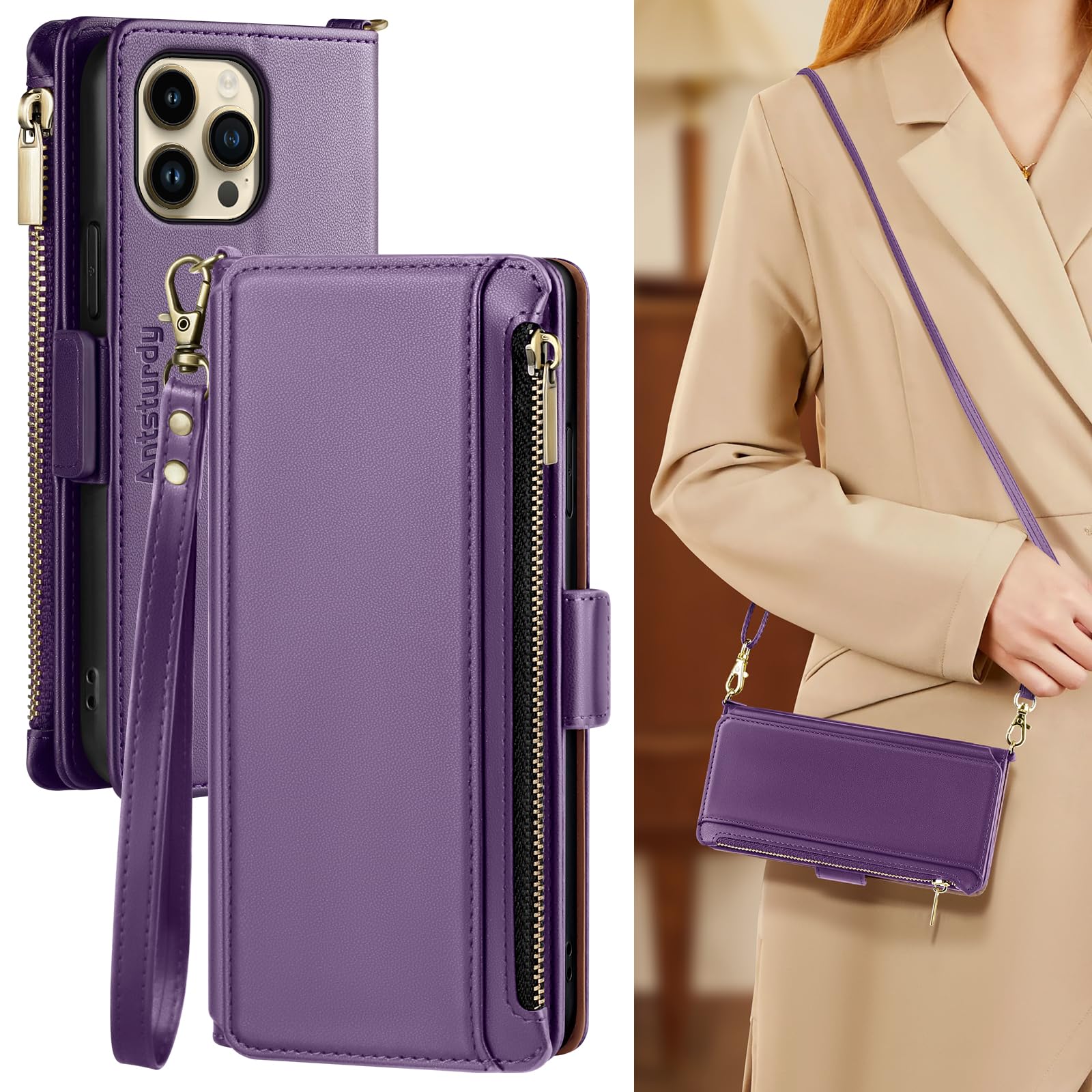Antsturdy Crossbody Phone Wallet Case for iPhone 13 Pro,Purple | RFID Blocking,PU Leather Flip Cover,Kickstand,with Credit Card Holder,Wrist Strap