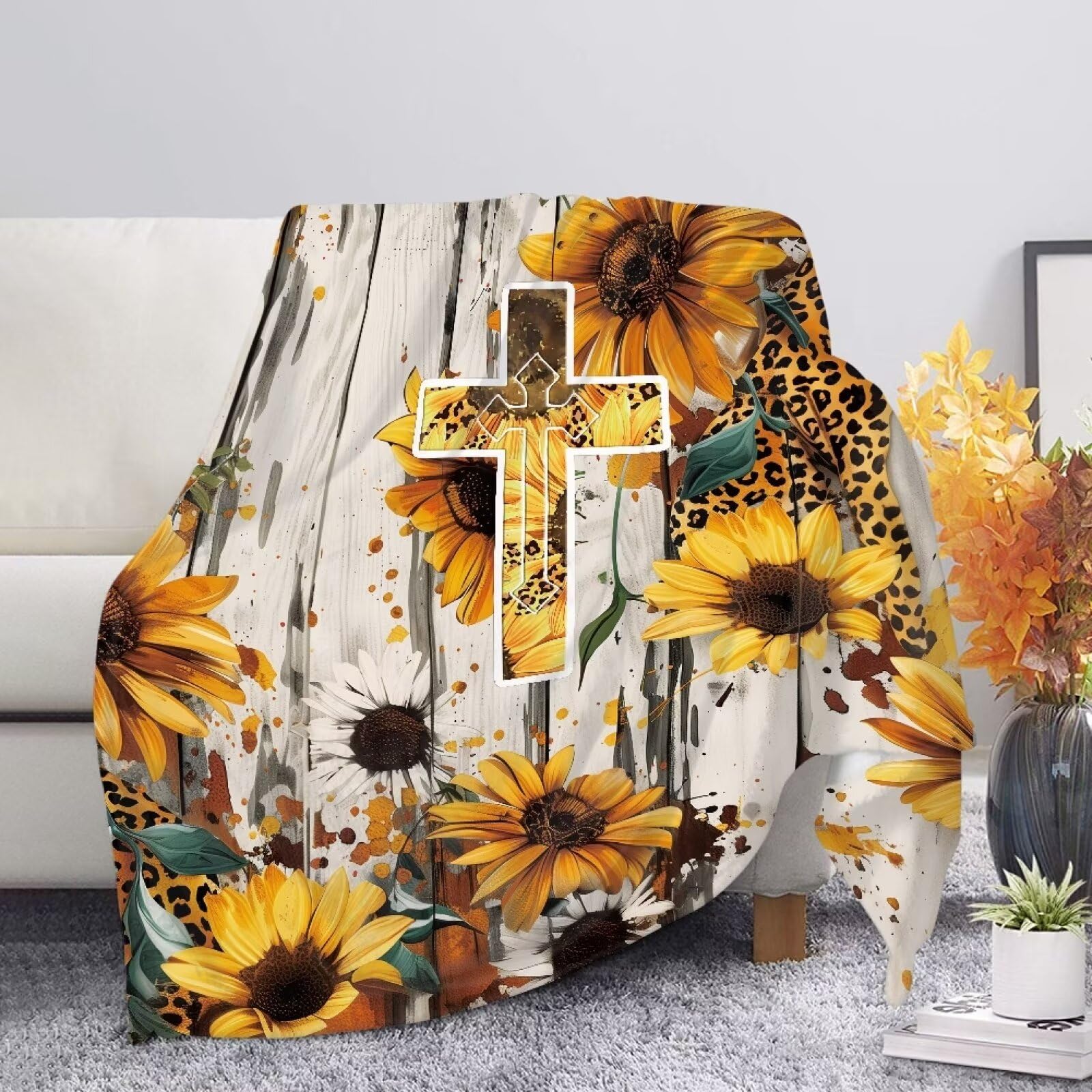 Allcute Fuzzy Brown Graphic Print Couch Blanket for Bed Living Room Cozy Soft Sofa Throws Nostalgic Sunflower Cross Throw Blanket for Fall Winter