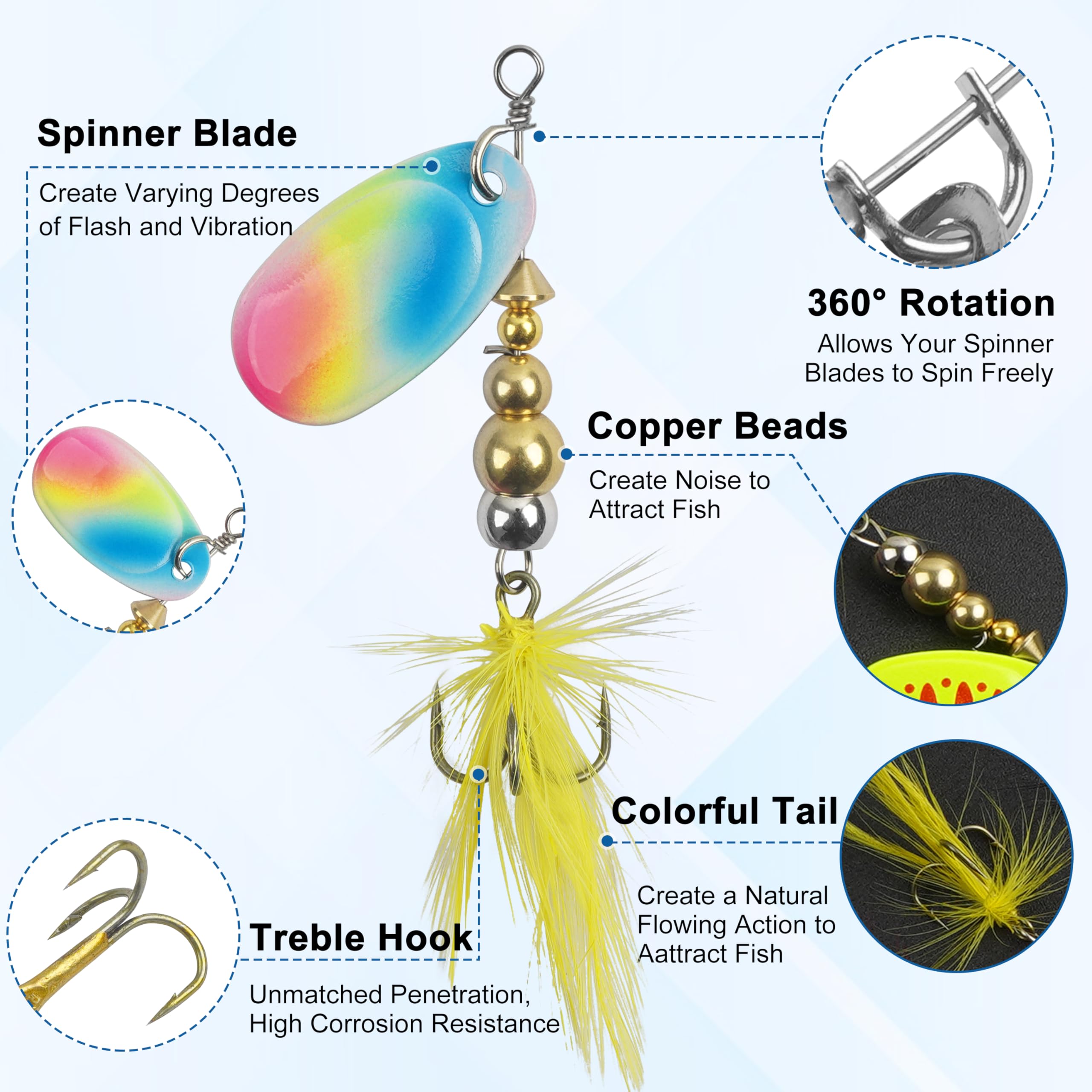 Fishing Lures Spinnerbait Kit Rooster Bait Tail Fishing Lures Inline Spinner Baits Bass Salmon Trout Spoon Hard Metal Spinnerbaits for Saltwater Freshwater