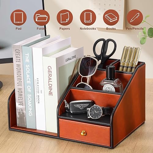 Miniatura 4 de KINGFOM Organizador de escritorio de piel sintética, organizador de escritorio multifunción con 6 compartimentos y accesorios para suministros de