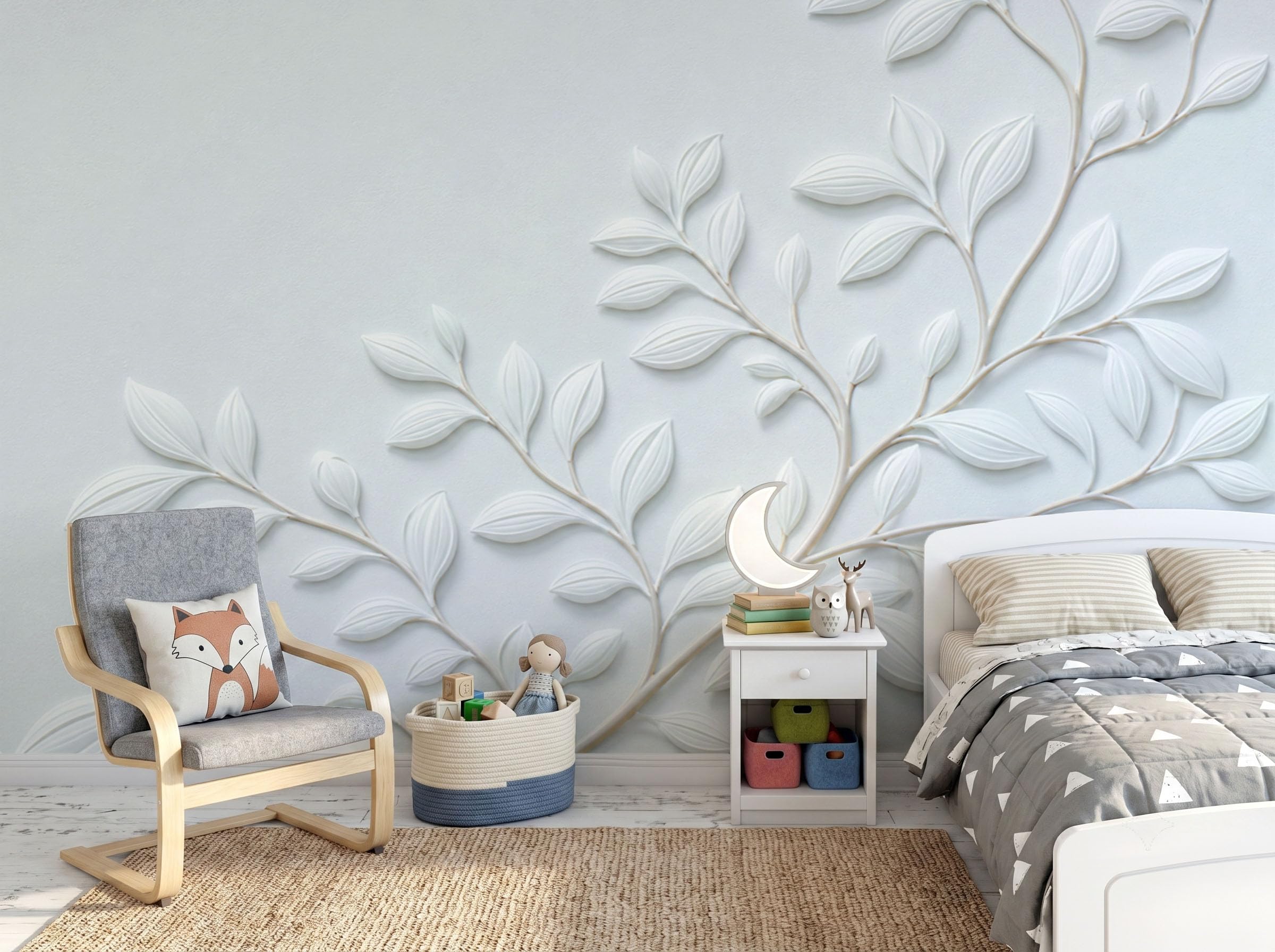Fresque murale tapisserie haut de gamme intissé relief branches d'arbres 450x315cm blanc gris