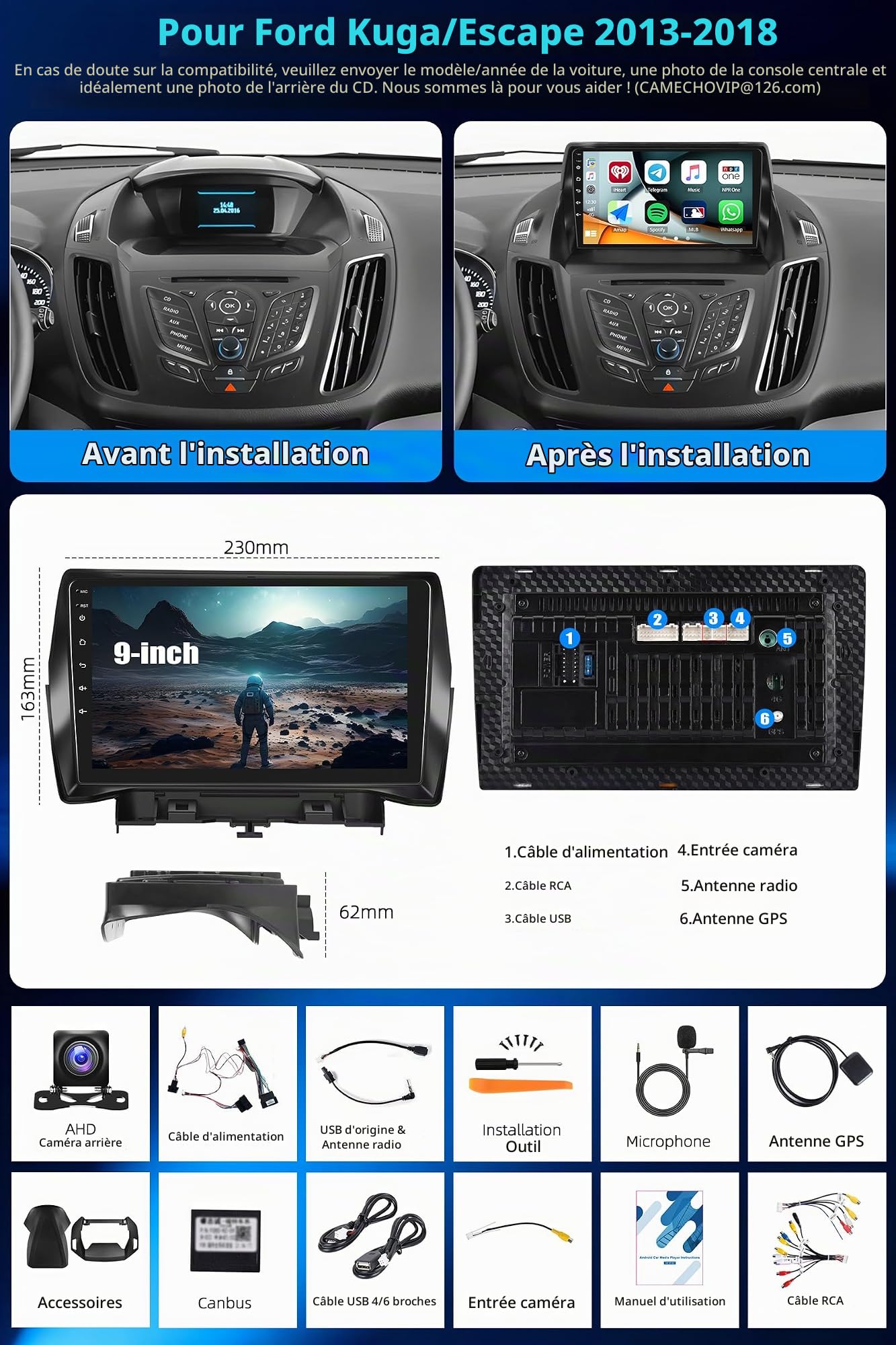 CAMECHO [2+64G] Android 15 Carplay Autoradio pour Ford Kuga/Escape/C-Max(2013-2019), Nav sans Fil Carplay Android Auto, 9" Écran Tactile Radio WiFi Bluetooth Lien Miroir FM/RDS +Caméra de Recul
