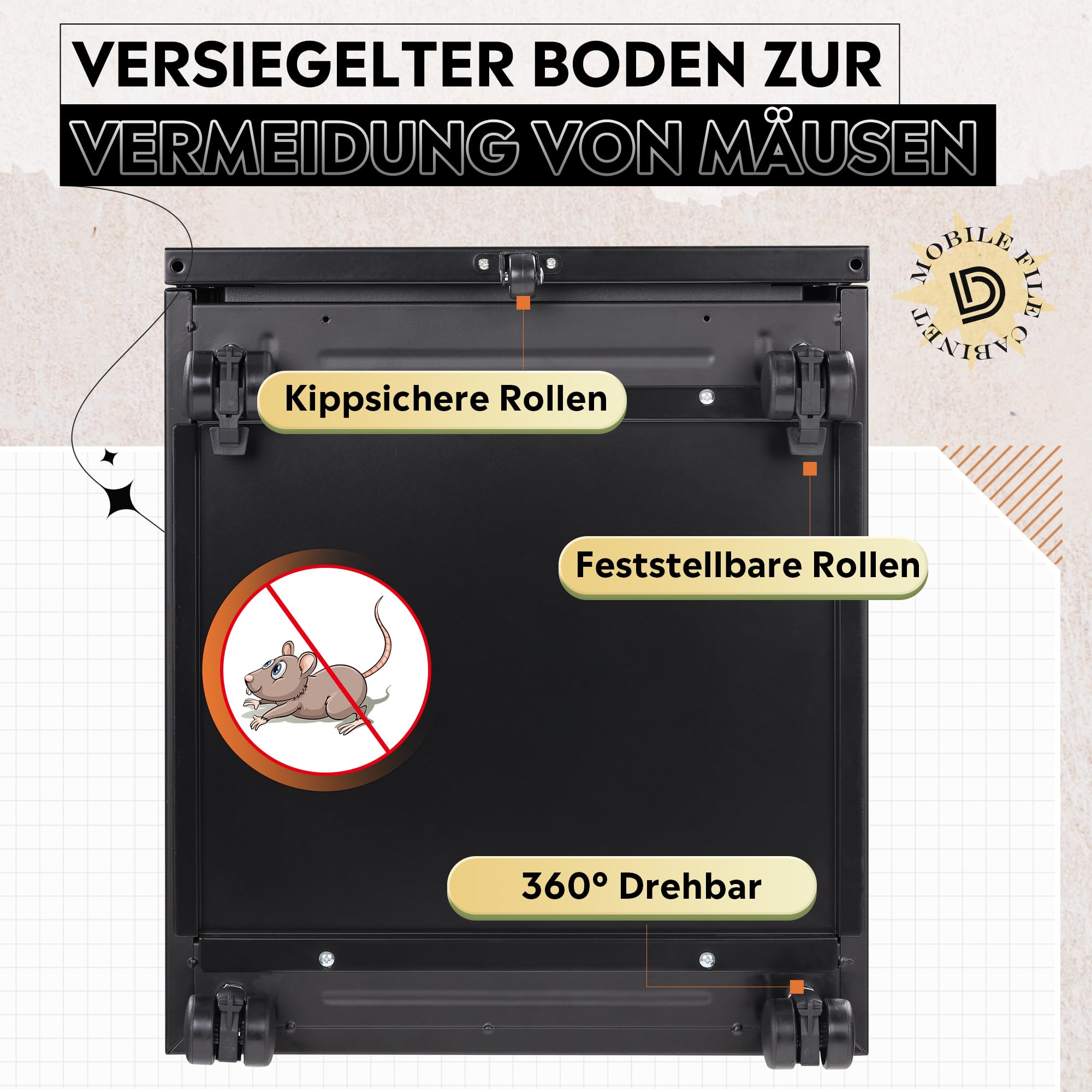 DEVAISE Rollcontainer mit 3 Schubladen, Metall Mobiler Aktenschrank mit Rollen, Druckertisch für DIN A4/Legal/Letter, Schreibtisch Unterschrank für Büro und Home Office, Schwarz