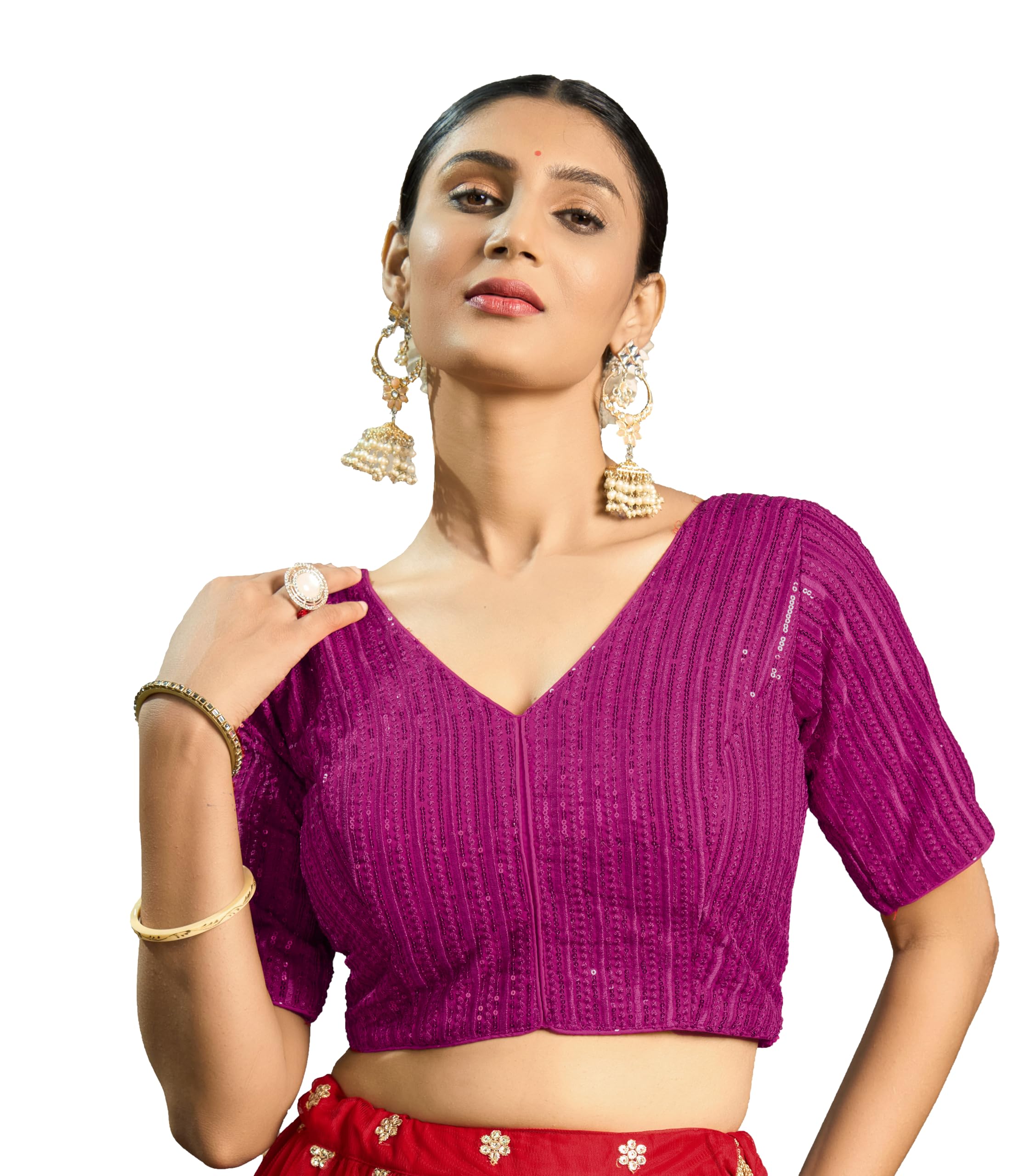 Pujia Mills Women's Indian Ethnic Wear Designer Silver Sequence With Matching Embroidered Work V Neck Half Sleeve Readymade Padded Saree Blouse Readymade Unique Pink Color Saree Blouse