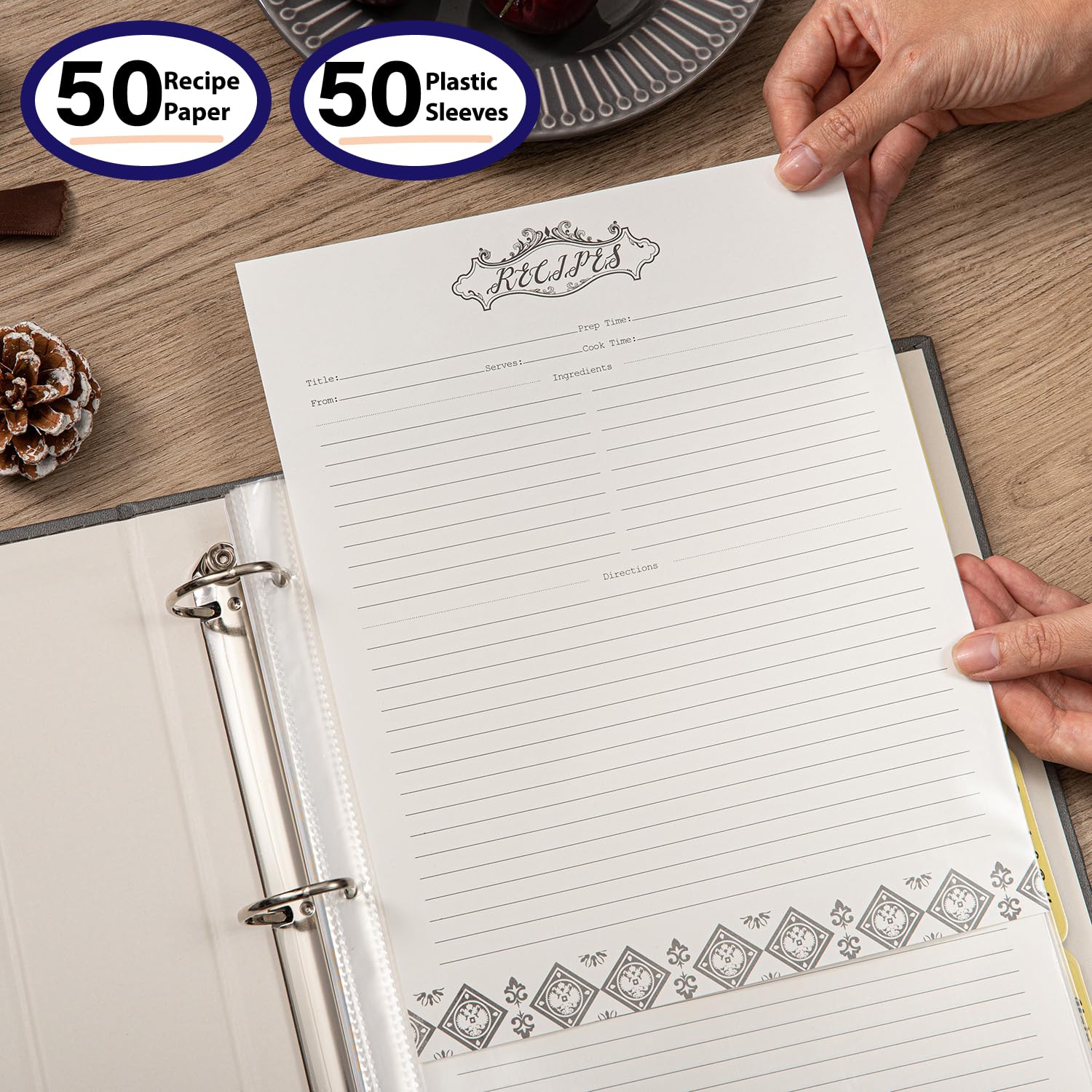 COFICE Rezeptordner – 21,6 x 28,9 cm, 3 Ringe, blanko, Familien-Rezeptbuch, Ordner-Set zum Schreiben in eigenen Rezepten, mit PU-Kunstleder-Einband und Kunststoffhüllen (grau)