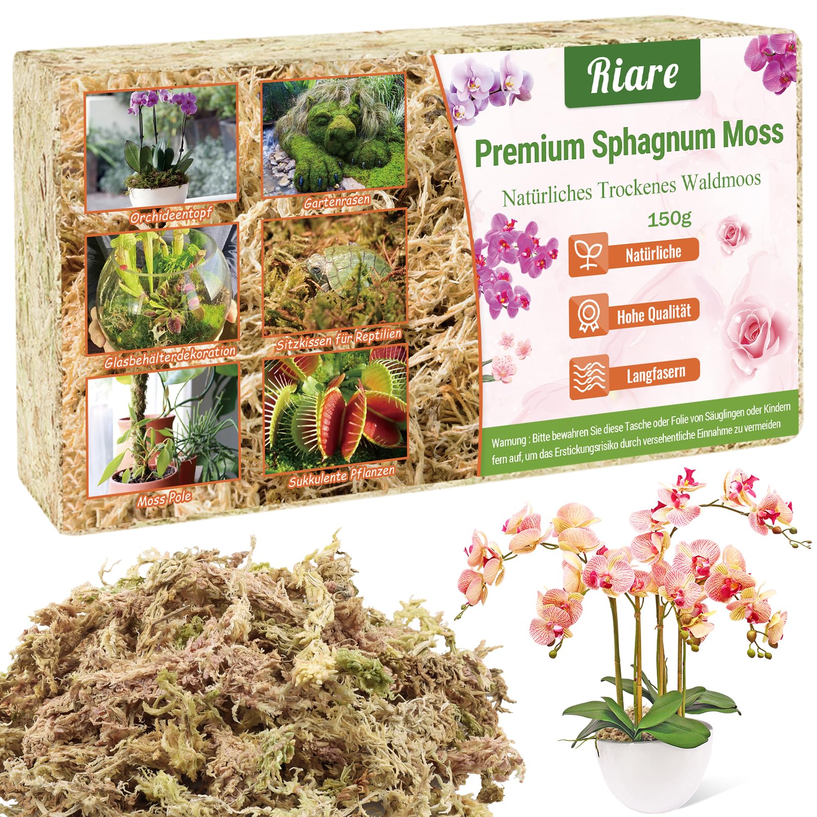 Riare 150g Sphagnum Moos für Pflanzen, Natürliches Erde für Anthrax Pflanzens trocknen, Fleischfresser Pflanzen, Orchideen, Sukkulenten, Zimmerpflanzen, Geweihfarne und Sarracenia