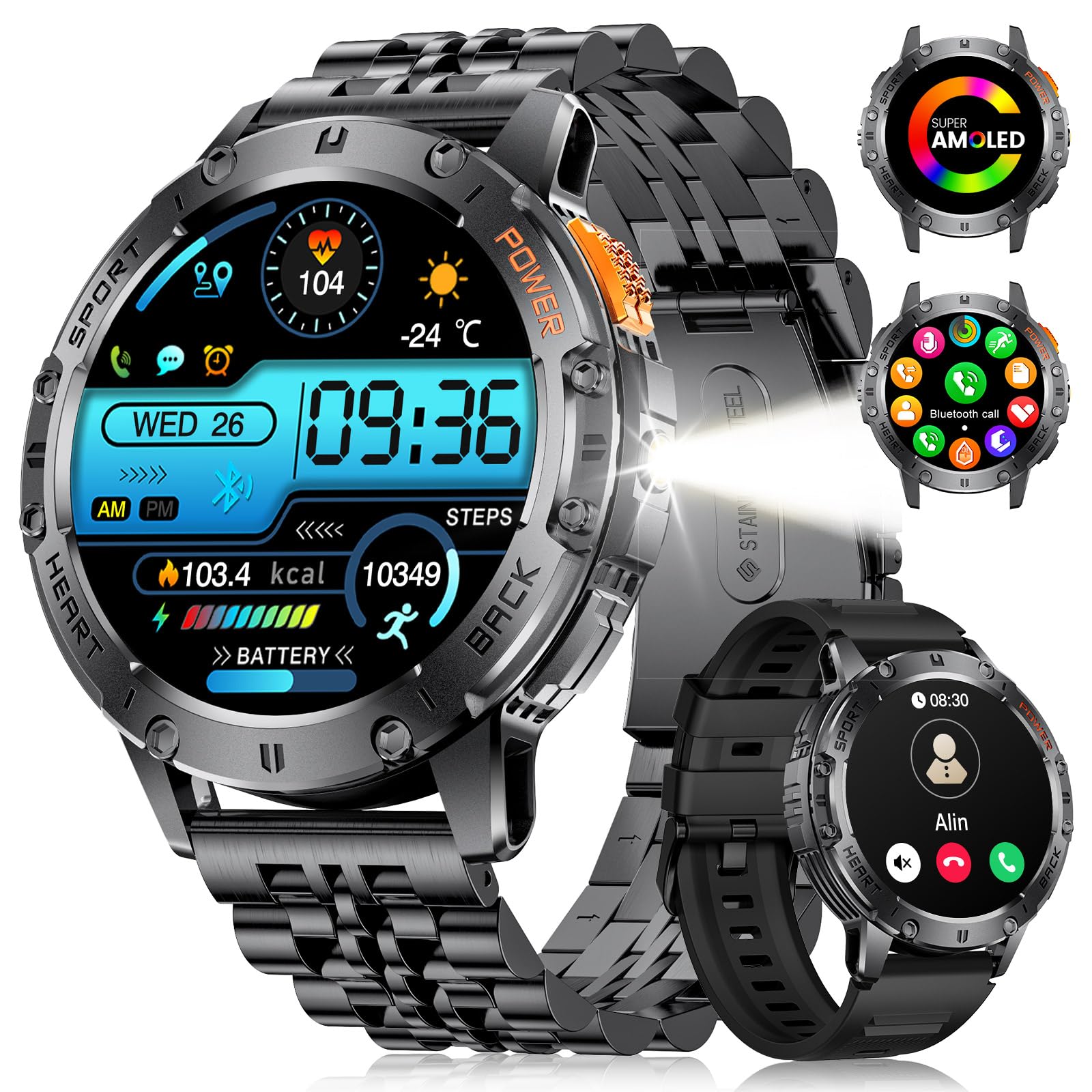 FITFLEX Smartwatch da uomo con chiamate Bluetooth/530 mAh, 1,43" Amoled Smartwatch Uomo con 120+ modalità sportive/cardiofrequenzimetro, sonno, IP68 impermeabile pedometro per Android iOS