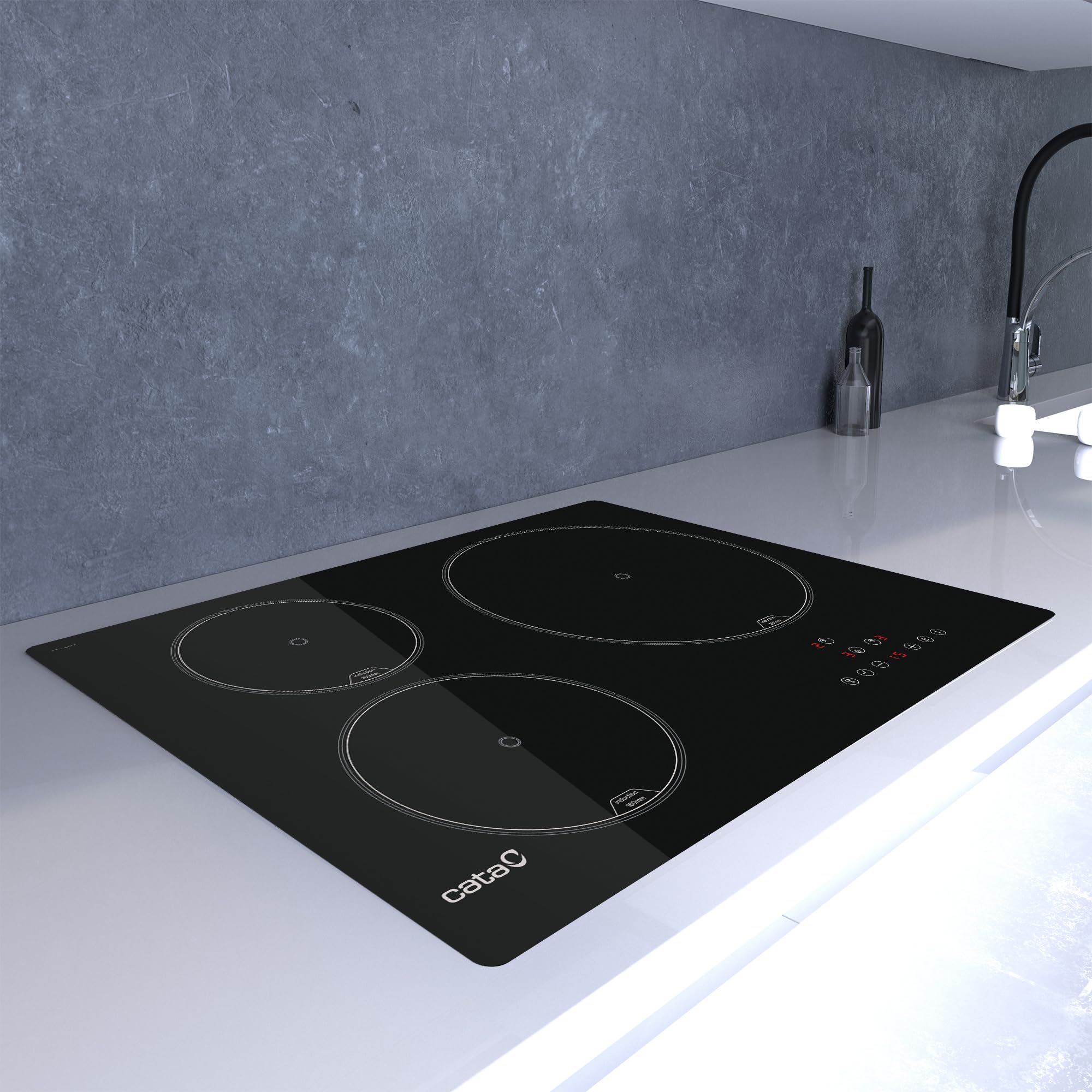 CATA Placa de Inducción IB 5003 BK, 60cm, 3 Zonas de Cocción, Control táctil, Avisador acústico, 9 niveles de Potencia + Booster, Temporizador, Color Negro